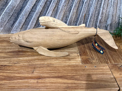 Balinese Hand Carved Suar Wood Whale Sculpture  - Wood Carved Whale w/calf