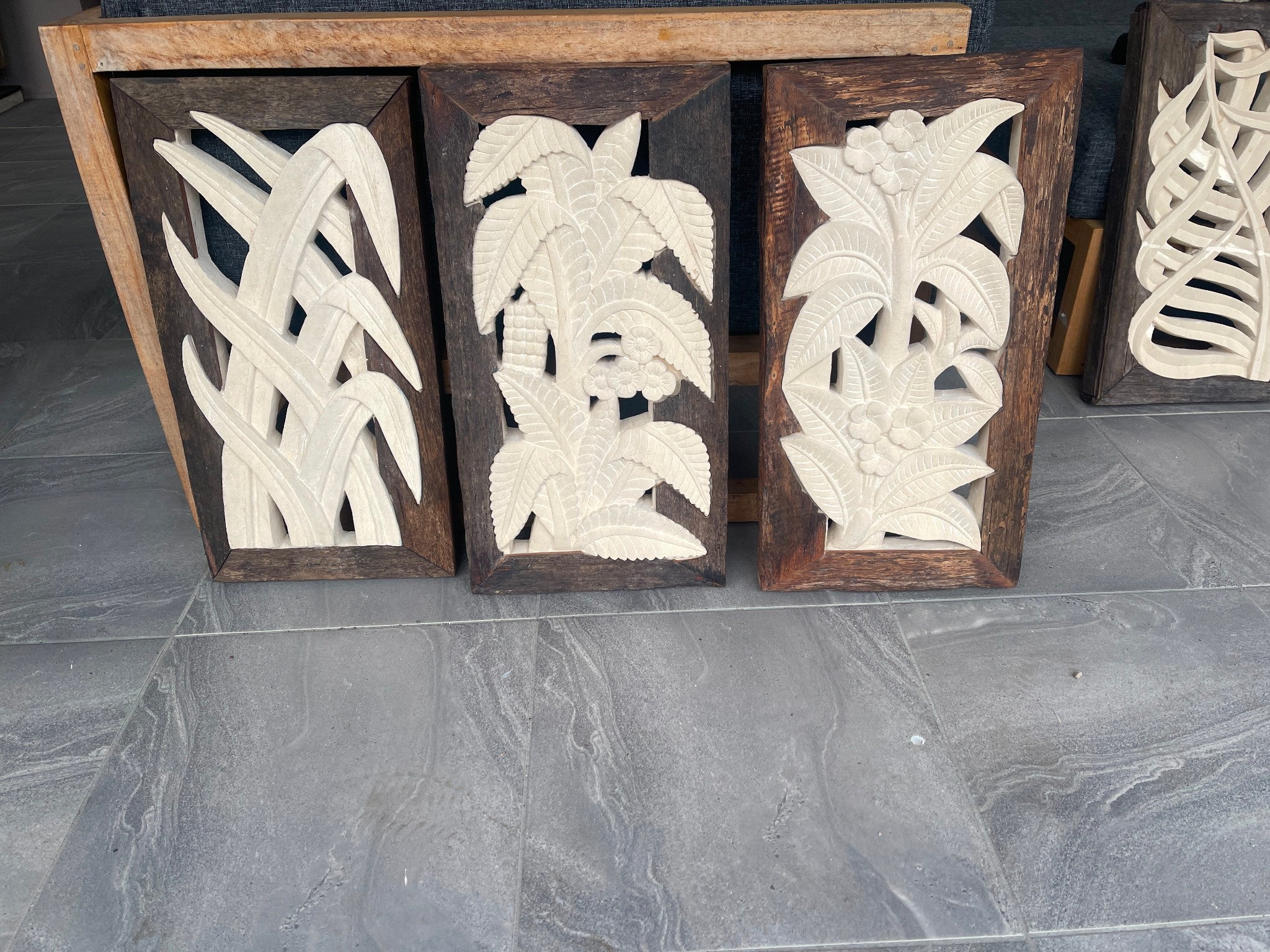 NEW Balinese Hand Carved & Crafted Limestone Panel w/Recycled Timber Frame 33x63