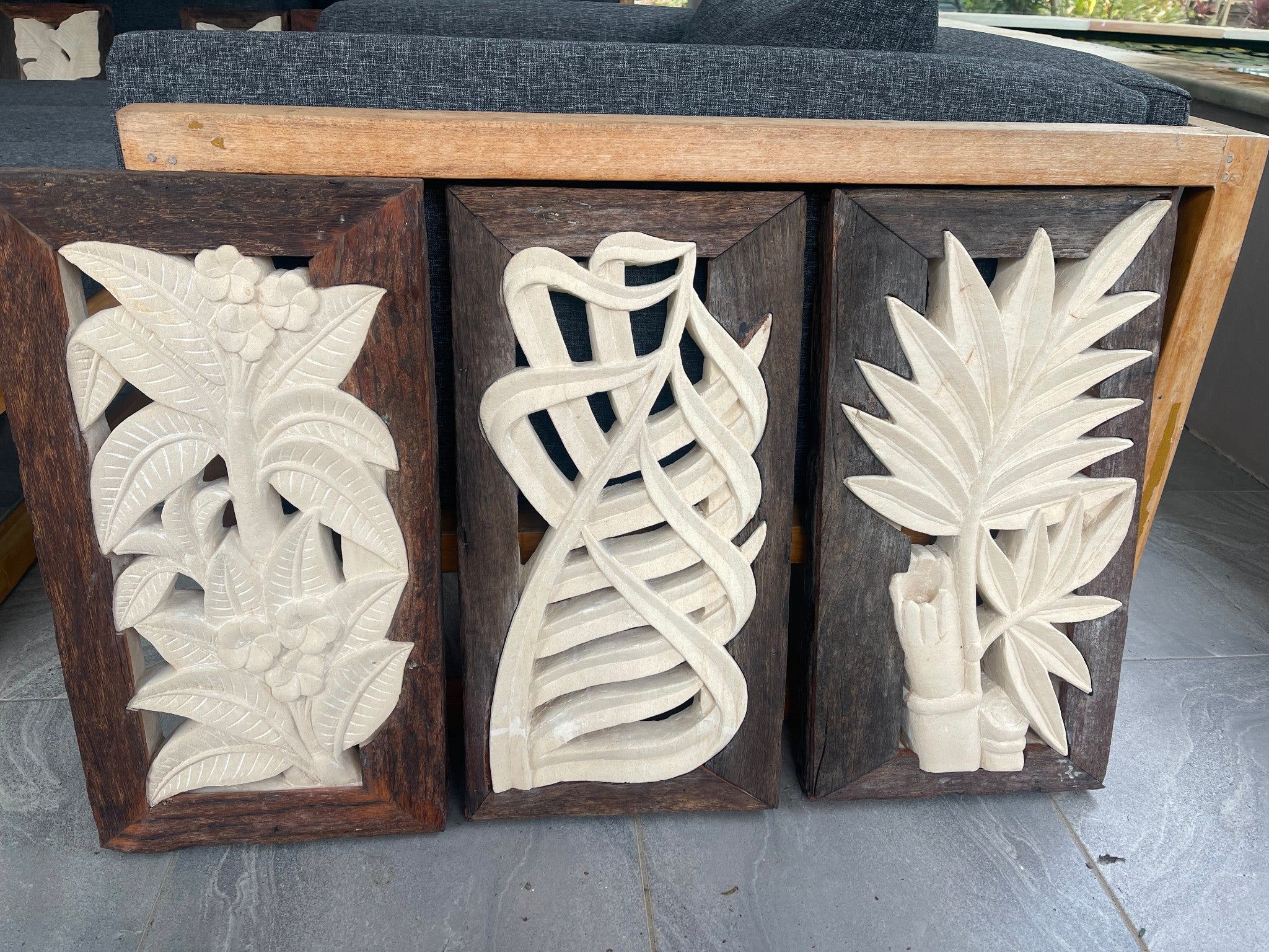 NEW Balinese Hand Carved & Crafted Limestone Panel w/Recycled Timber Frame 33x63