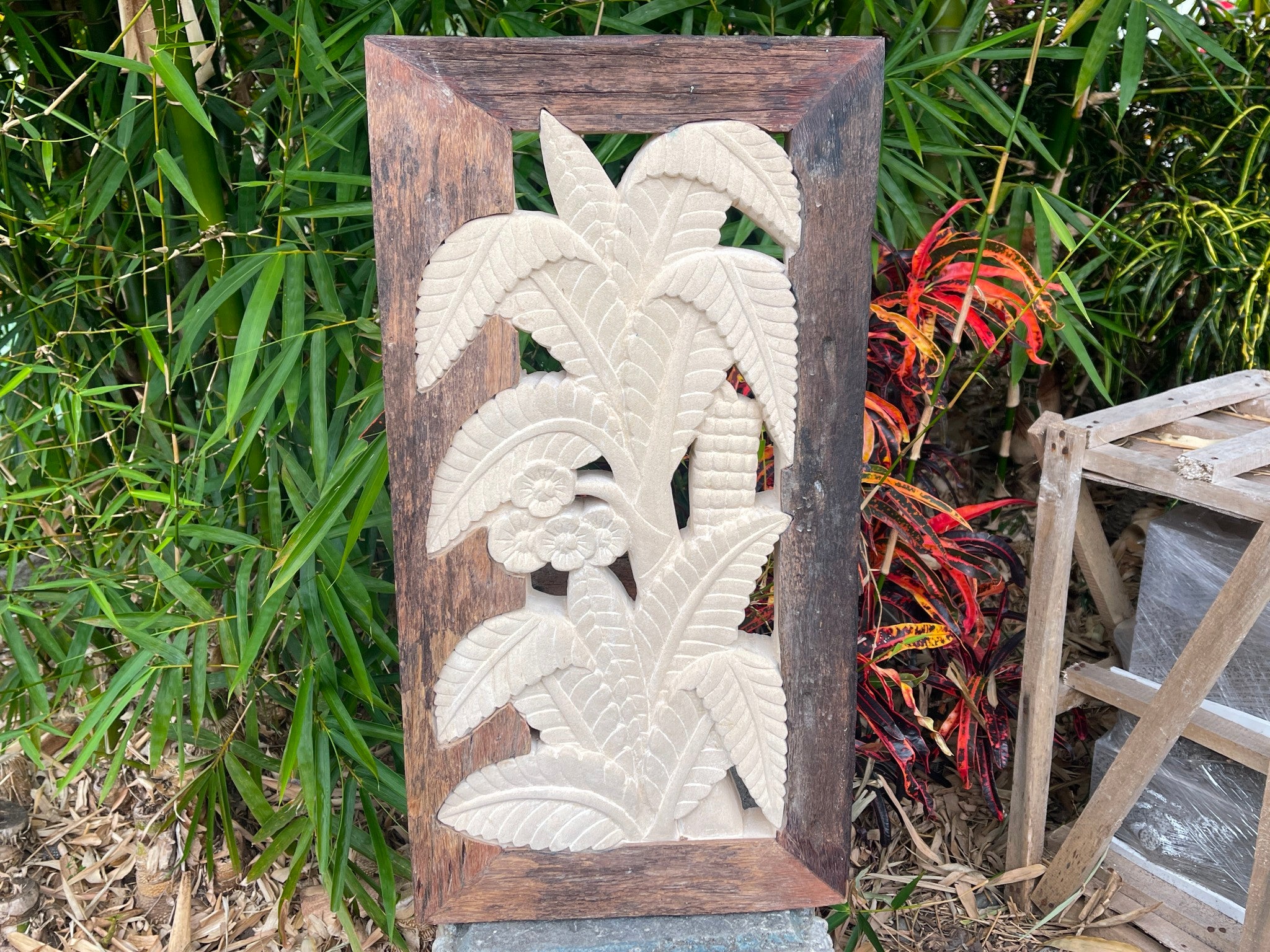 NEW Balinese Hand Carved & Crafted Limestone Panel w/Recycled Timber Frame 33x63