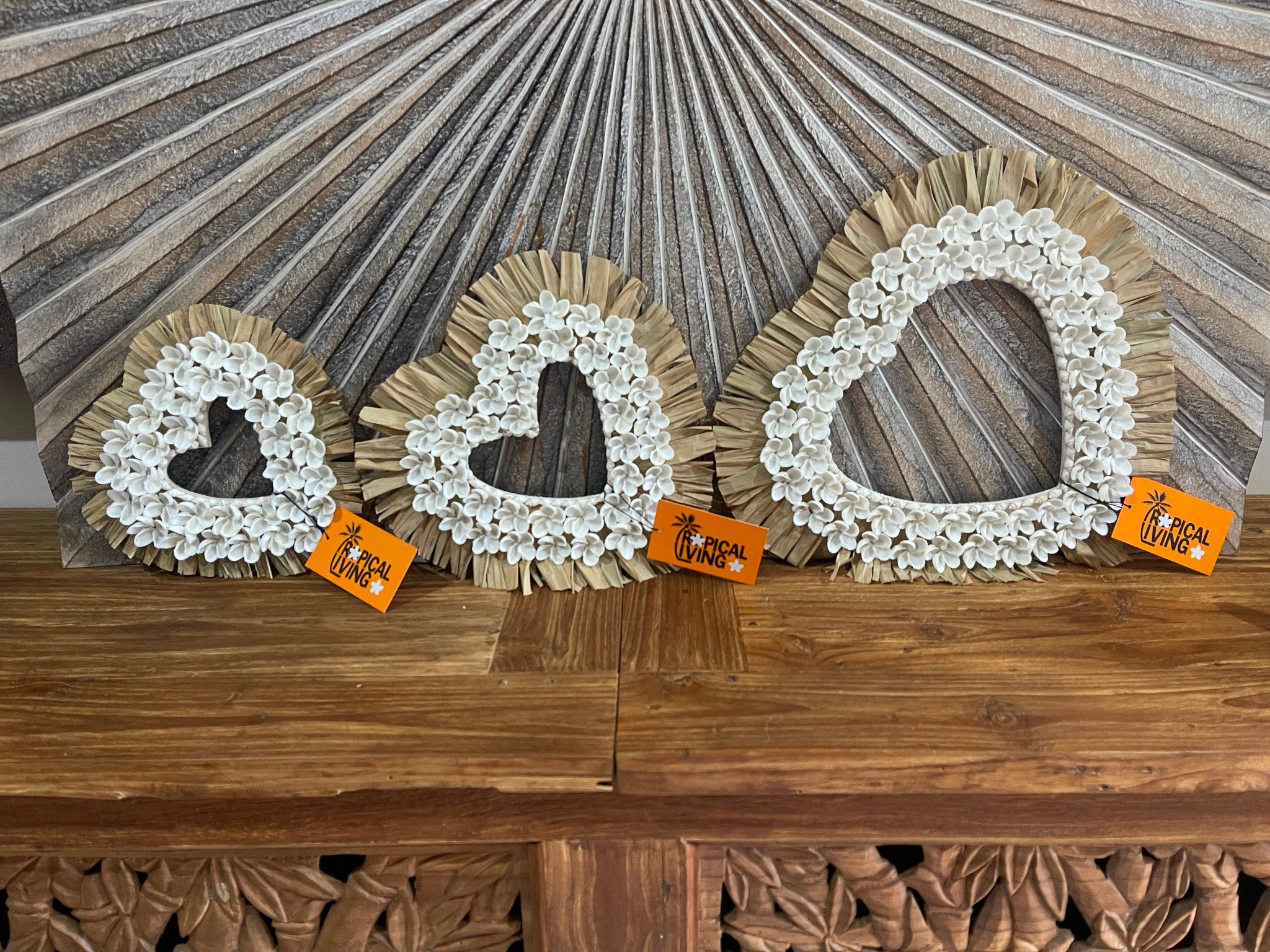 Balinese Shell Heart Hanger - Bali BOHO Style Shell & Seagrass Trim Wall Art M