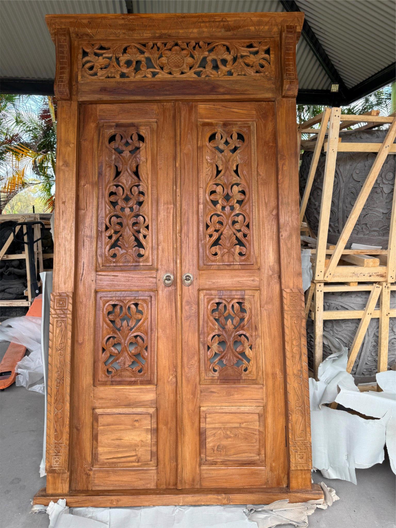 Authentic Balinese Teak Doors in Frame - Hand Carved Recycled Teak Bali Doors