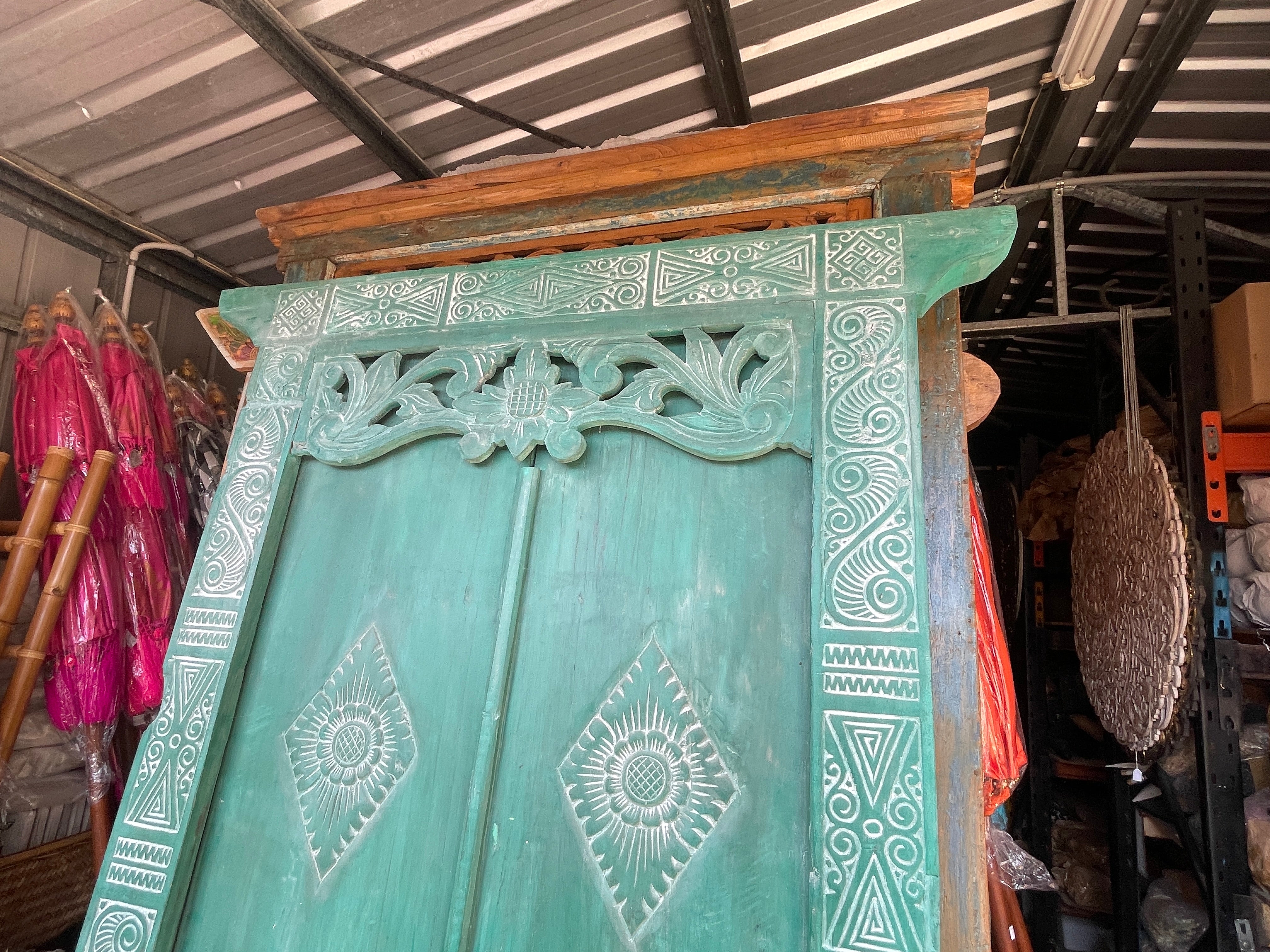 Authentic Balinese Teak Doors in Frame - Hand Carved Recycled Teak Bali Doors