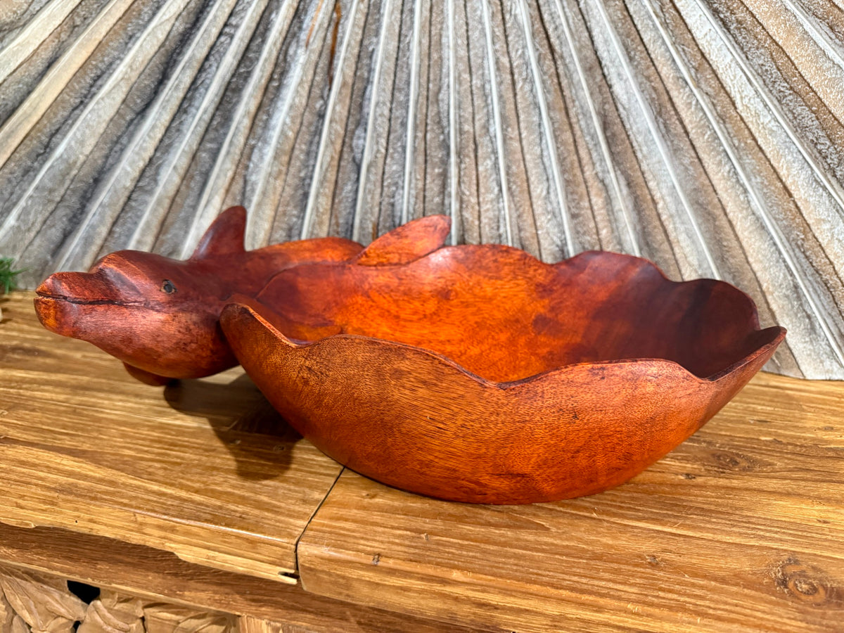 NEW Balinese Hand Carved Suar Wood Dolphin Bowl - Bali  Carved Dolphin Bowl 40cm
