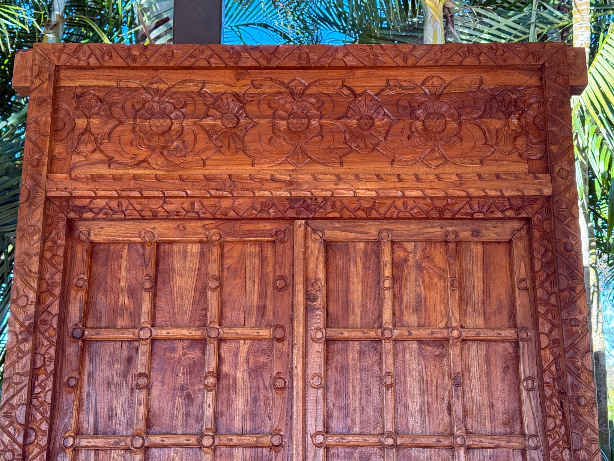 Authentic Balinese Teak Doors in Frame - Hand Carved Recycled Teak Bali Doors
