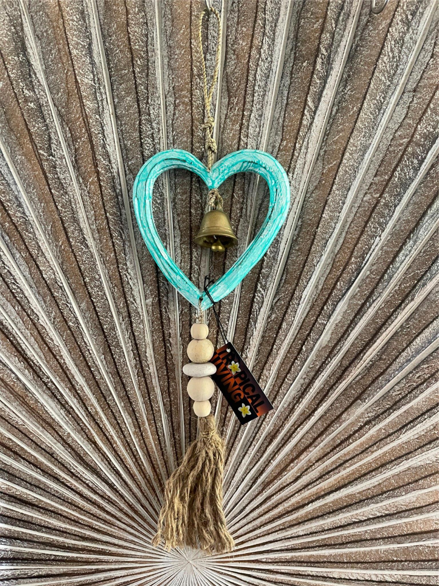 Balinese Hand Crafted Wood Heart Hanger / Mobile - Love Heart Hanging w/Bell