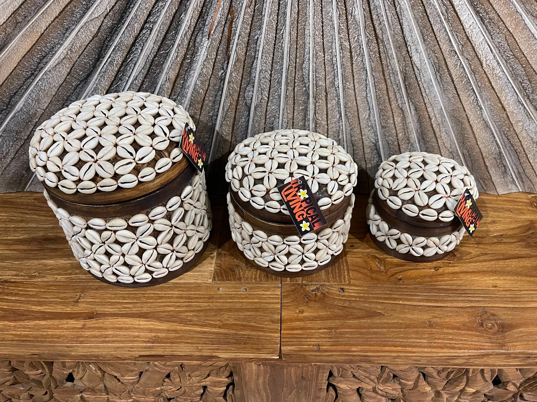 Balinese Hand Woven Basket w/Lid Encrusted with Shell - Bali Shell Trim Basket