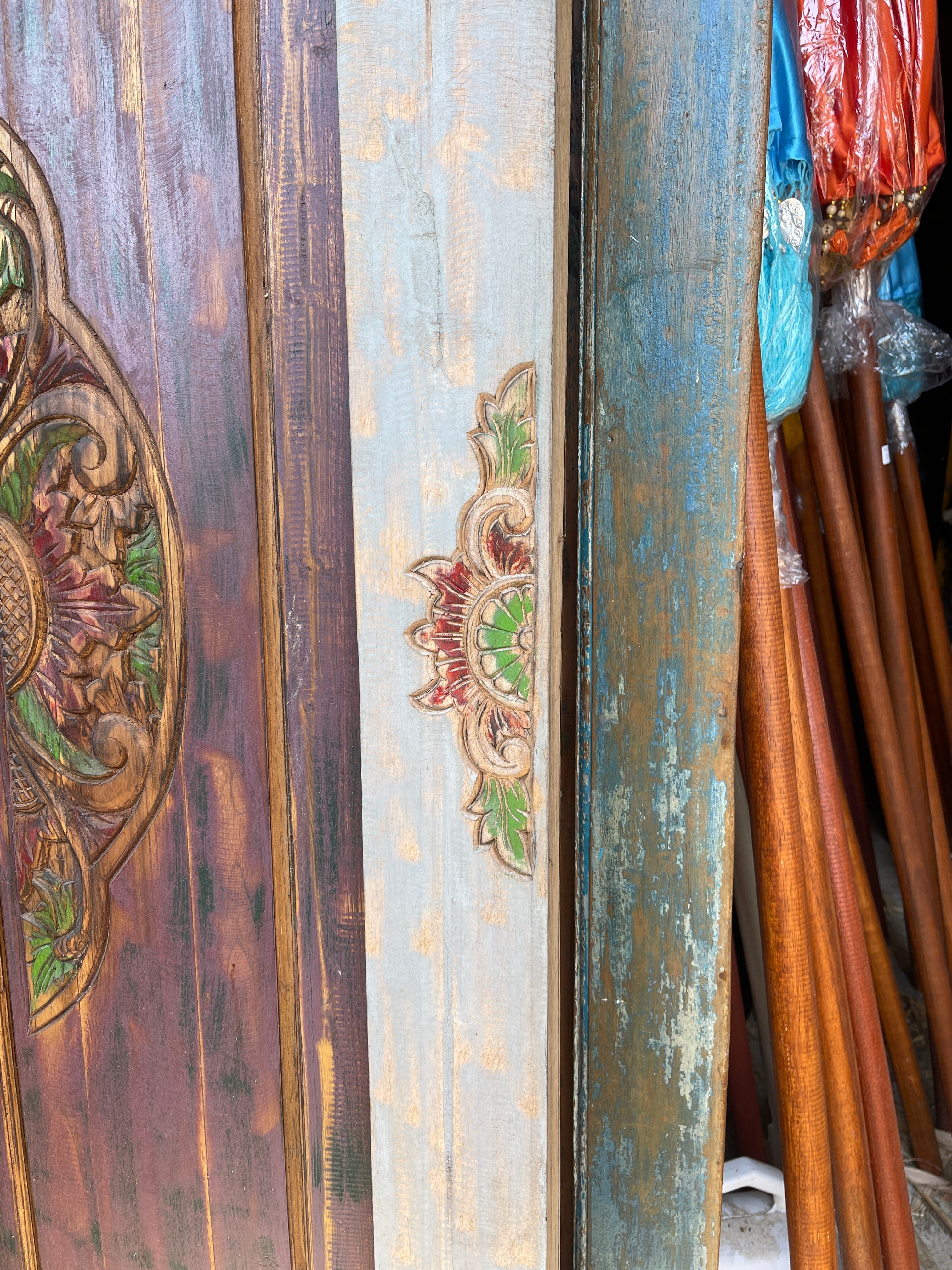 Authentic Balinese Teak Doors in Frame - Hand Carved Recycled Teak Bali Doors