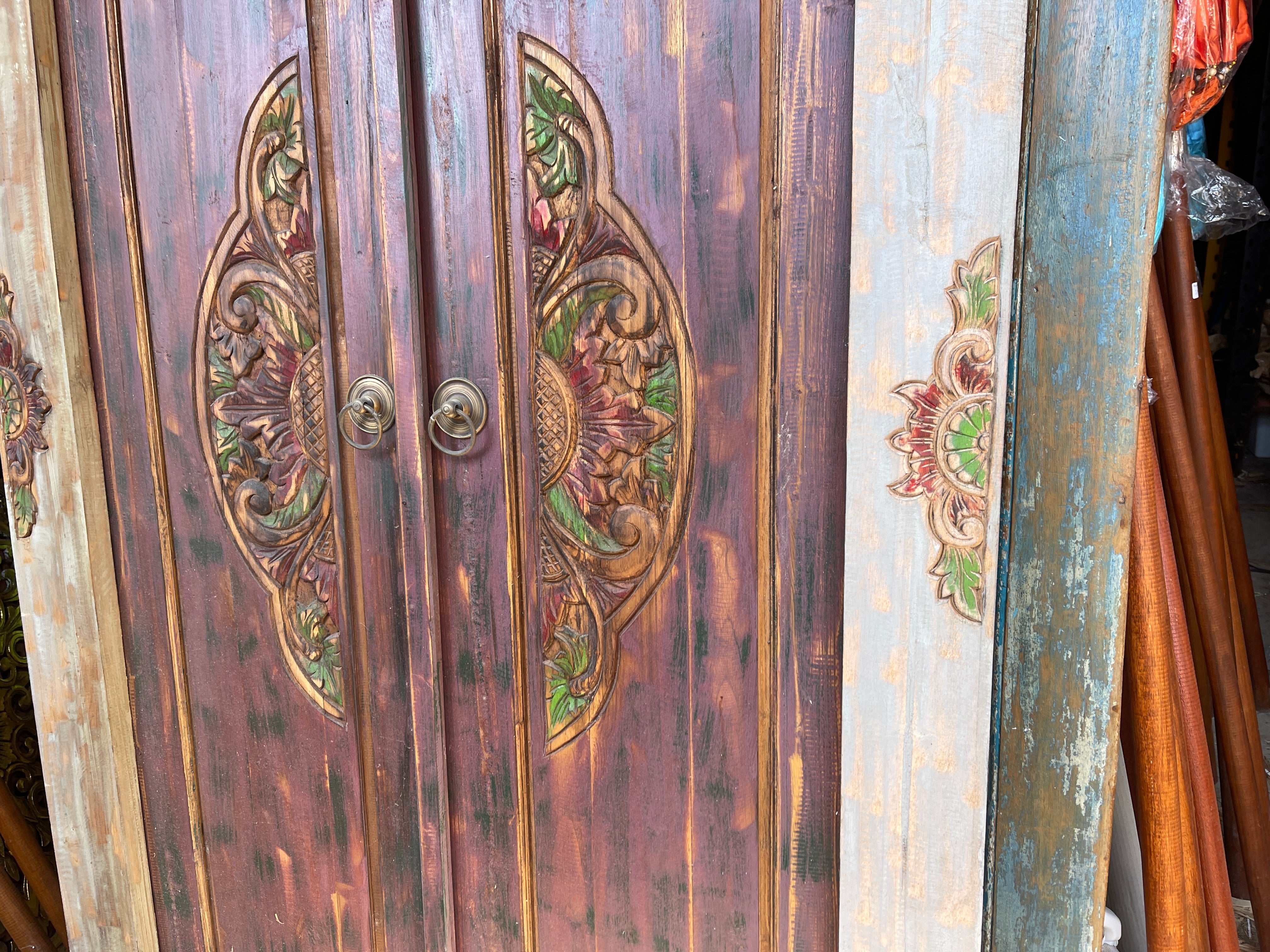 Authentic Balinese Teak Doors in Frame - Hand Carved Recycled Teak Bali Doors