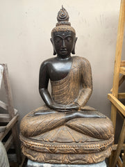 Balinese Master Carved LAVA Stone Buddha Statue w/Batik Cloak - RARE PIECE!!