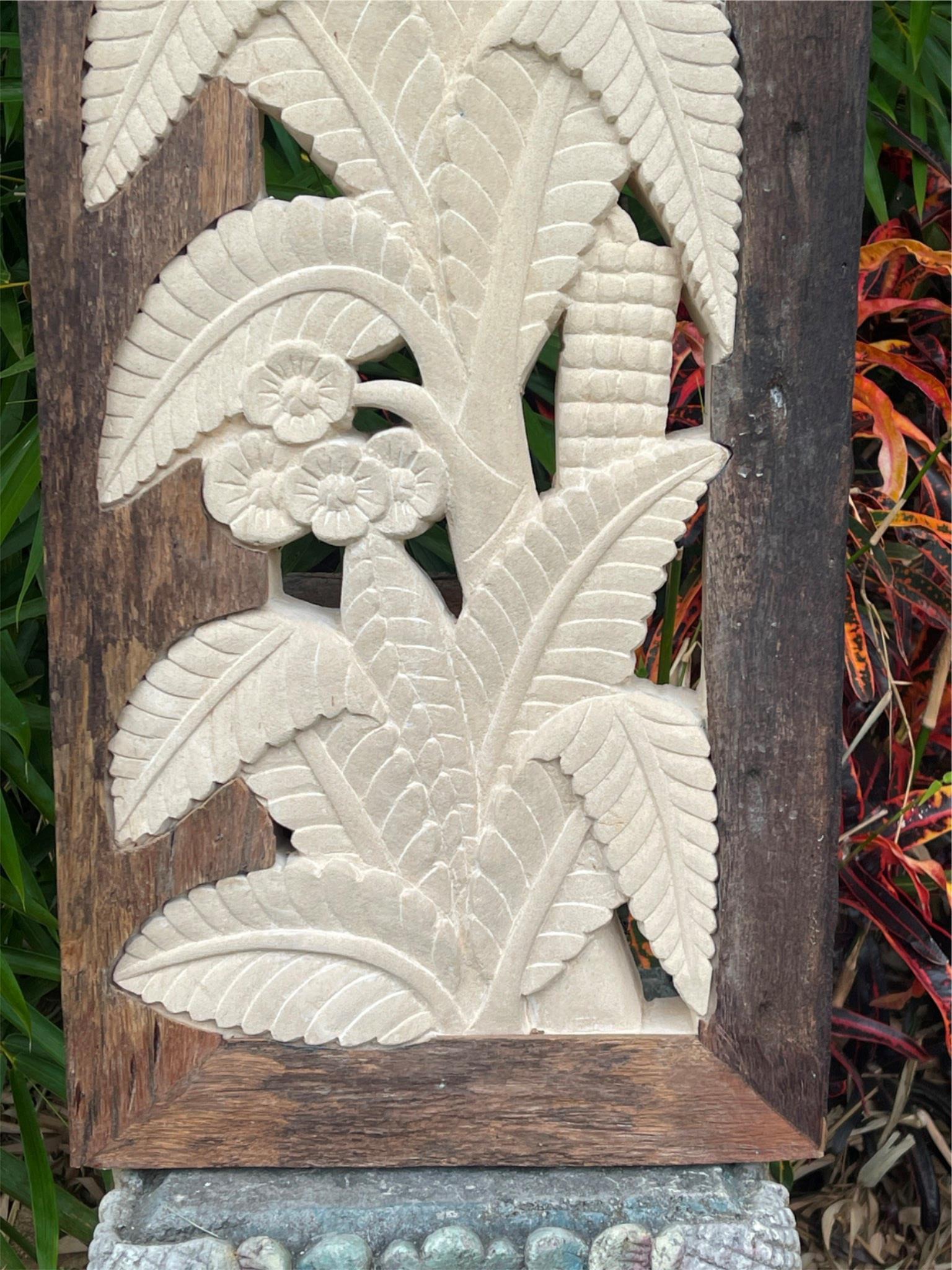 NEW Balinese Hand Carved & Crafted Limestone Panel w/Recycled Timber Frame 33x63