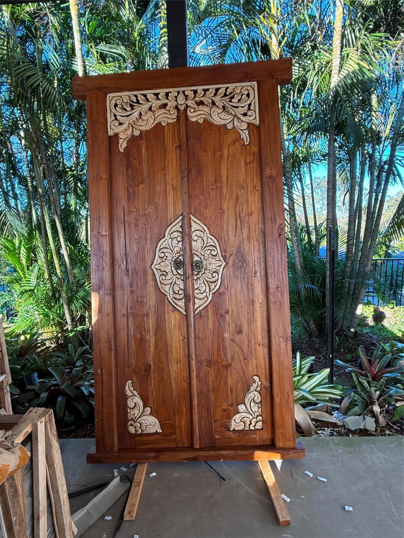 Authentic Balinese Teak Doors in Frame - Hand Carved Recycled Teak Bali Doors