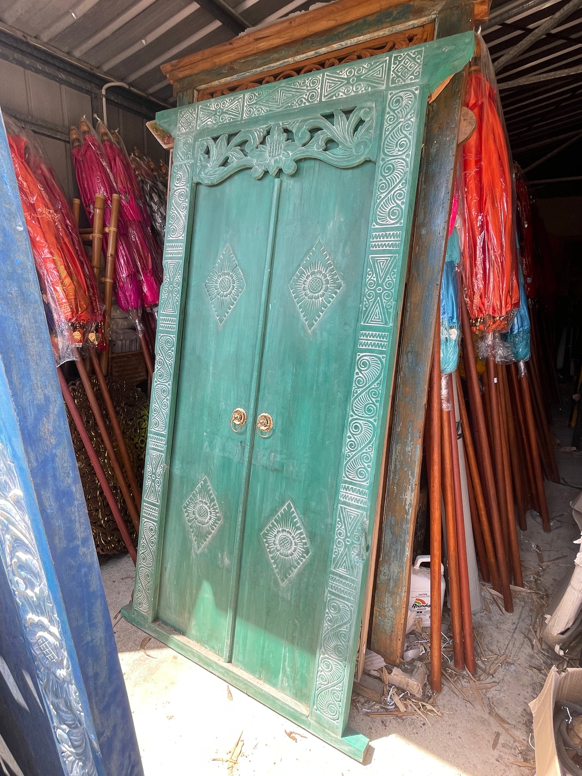 Authentic Balinese Teak Doors in Frame - Hand Carved Recycled Teak Bali Doors