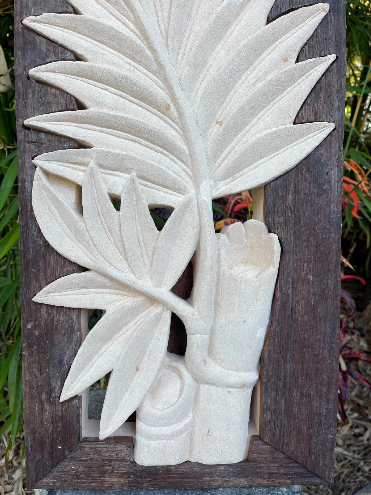 NEW Balinese Hand Carved & Crafted Limestone Panel w/Recycled Timber Frame 33x63