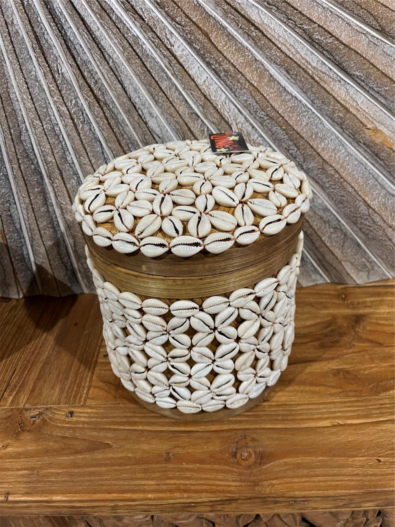 Balinese Hand Woven Basket w/Lid Encrusted with Shell - Bali Shell Trim Basket