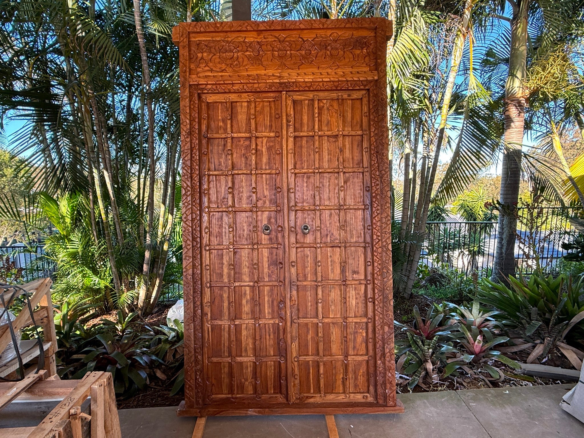 Authentic Balinese Teak Doors in Frame - Hand Carved Recycled Teak Bali Doors