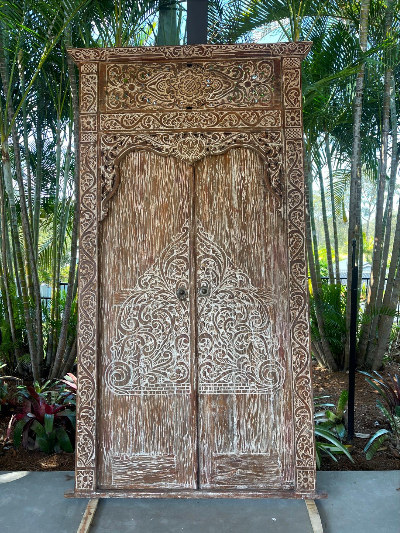 Authentic Balinese Teak Doors in Frame - Hand Carved Recycled Teak Bali Doors