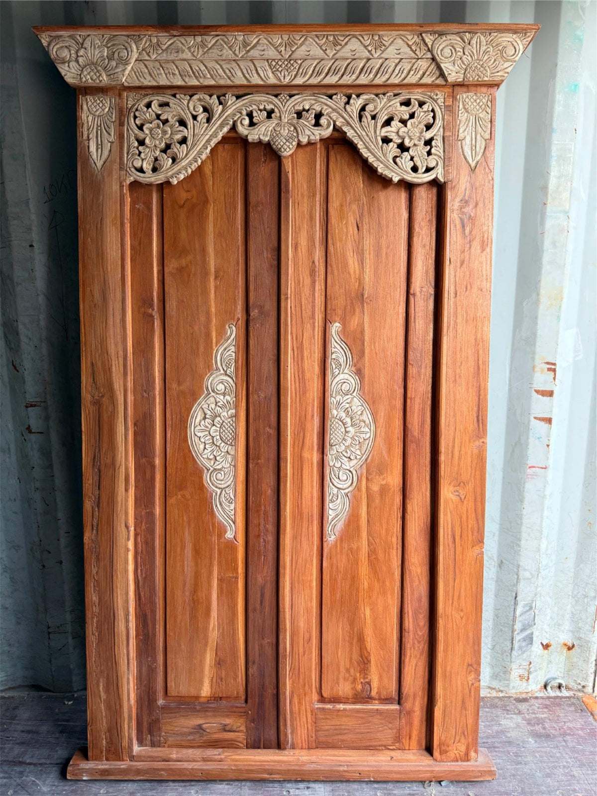 Authentic Balinese Teak Doors in Frame - Hand Carved Recycled Teak Bali Doors