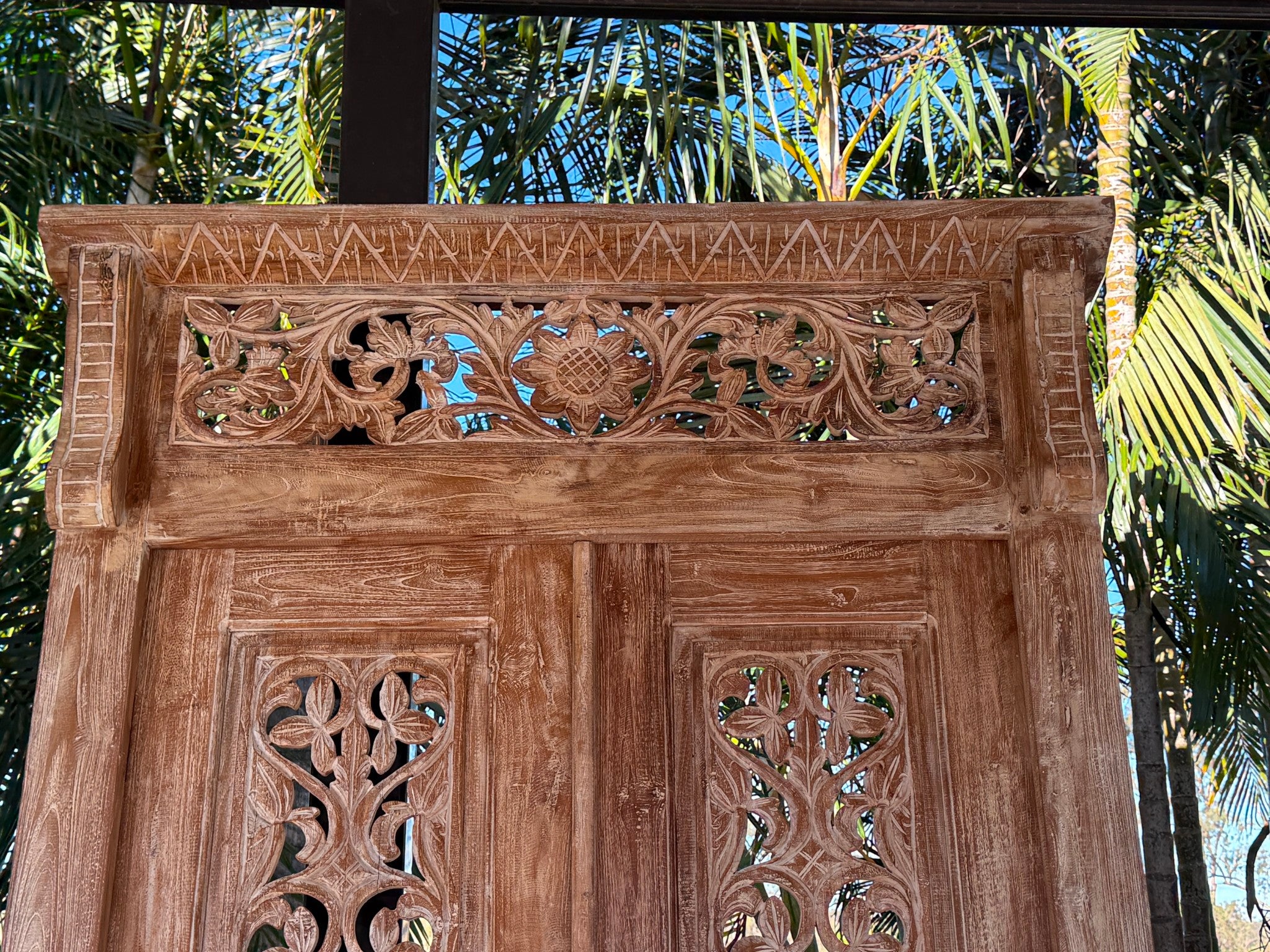 Authentic Balinese Teak Doors in Frame - Hand Carved Recycled Teak Bali Doors