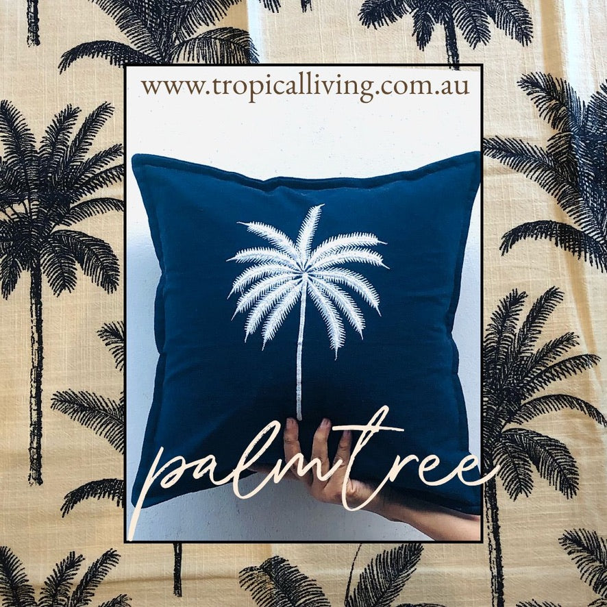 Balinese Linen Palm Tree Cushion Cover 40x40cm Navy Blue - Bali Cushion Cover