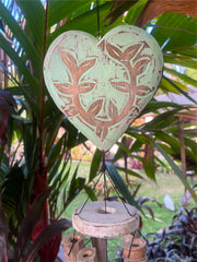 Balinese Wood / Bamboo Love Heart Wind Chime - Bali Heart Style Wind Chime GREEN