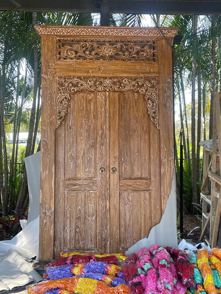 Authentic Balinese Teak Doors in Frame - Hand Carved Recycled Teak Bali Doors