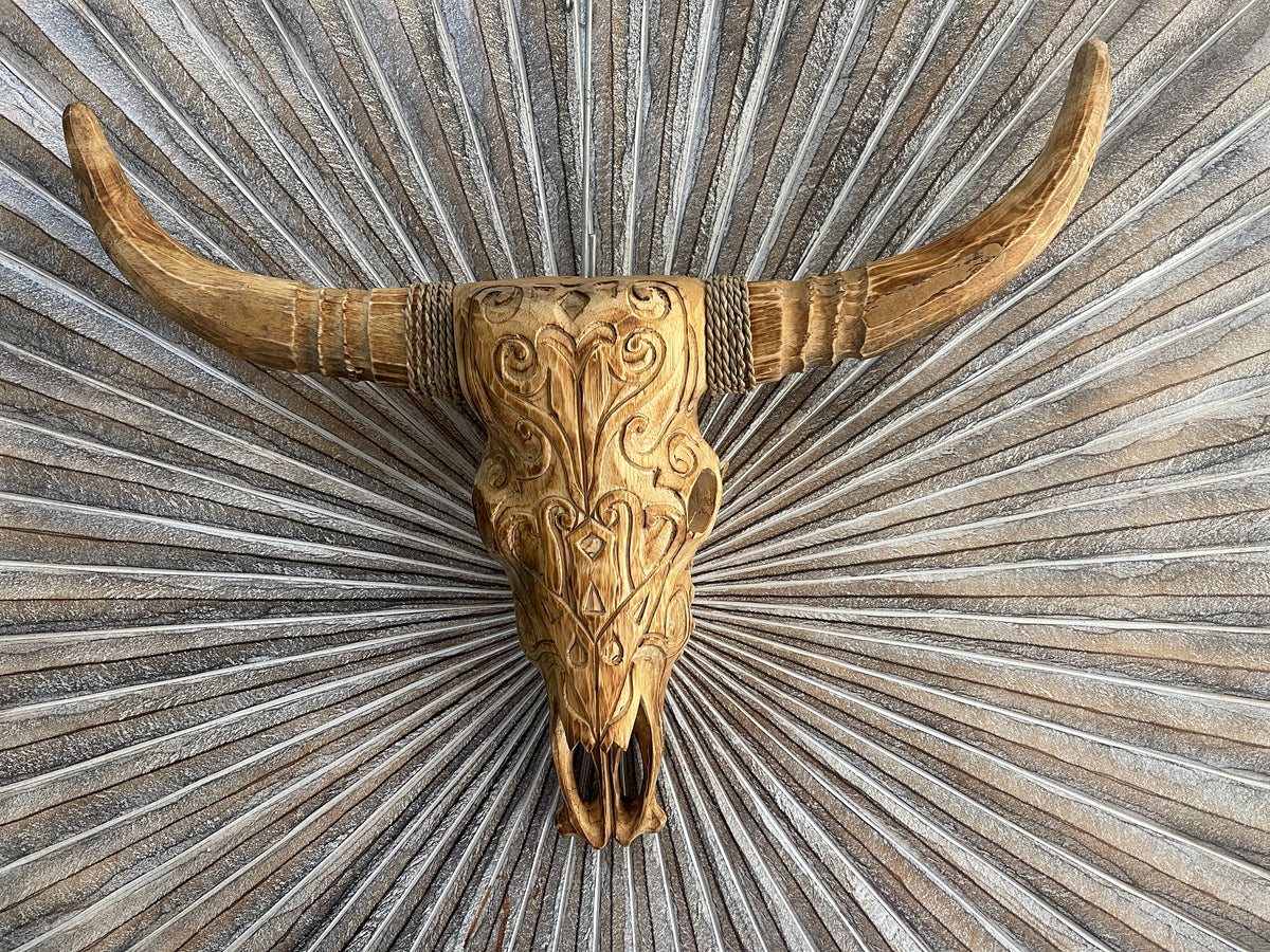 NEW Balinese Hand Carved & Crafted Buffalo Skull with Horn Wall Art