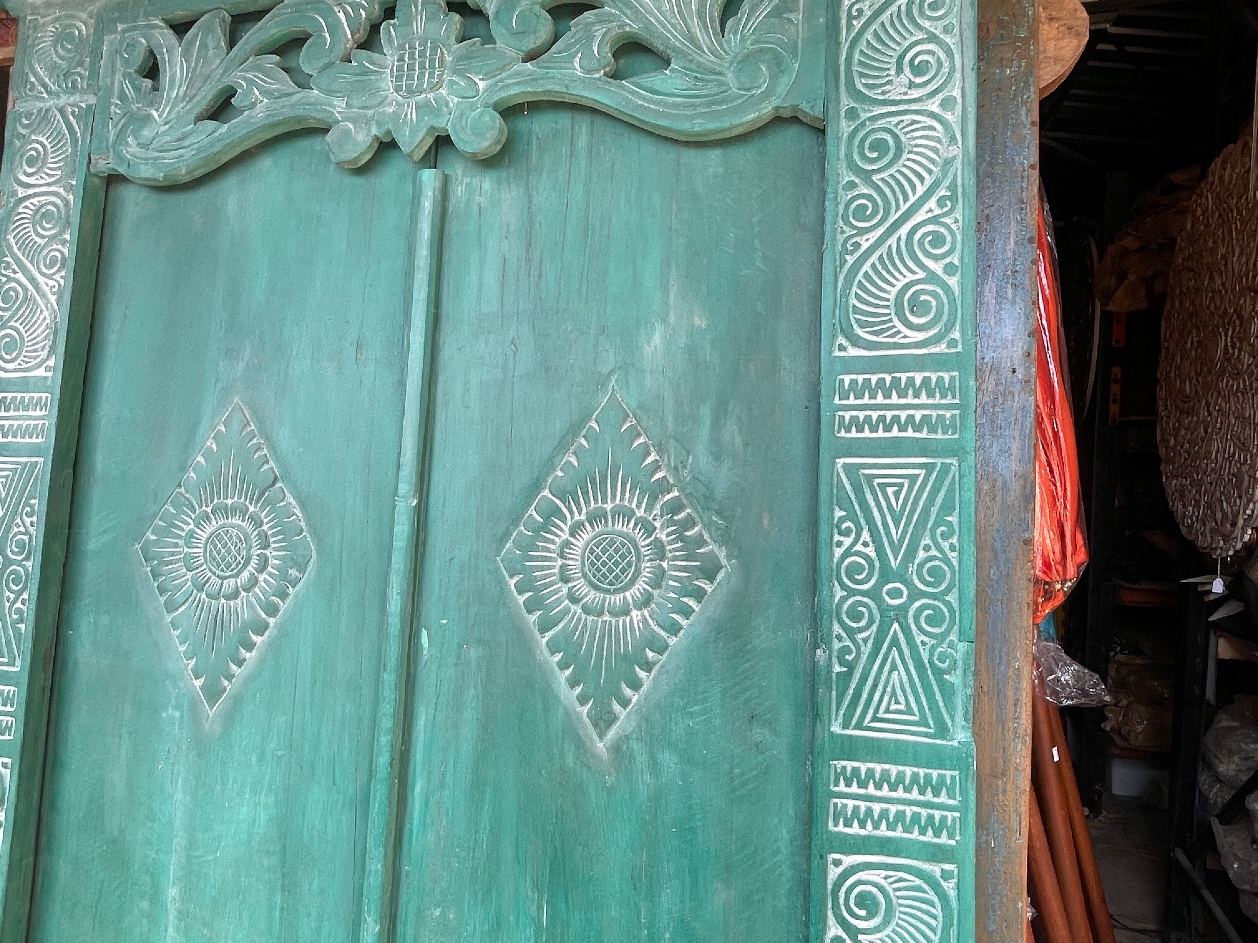 Authentic Balinese Teak Doors in Frame - Hand Carved Recycled Teak Bali Doors