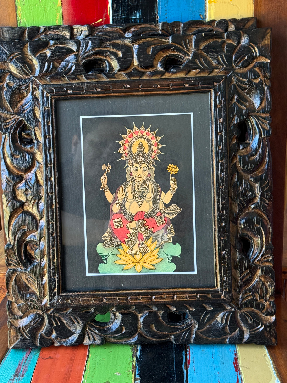 Balinese Traditional Painting w/Bali Carved Frame - Traditional Ganesha Painting