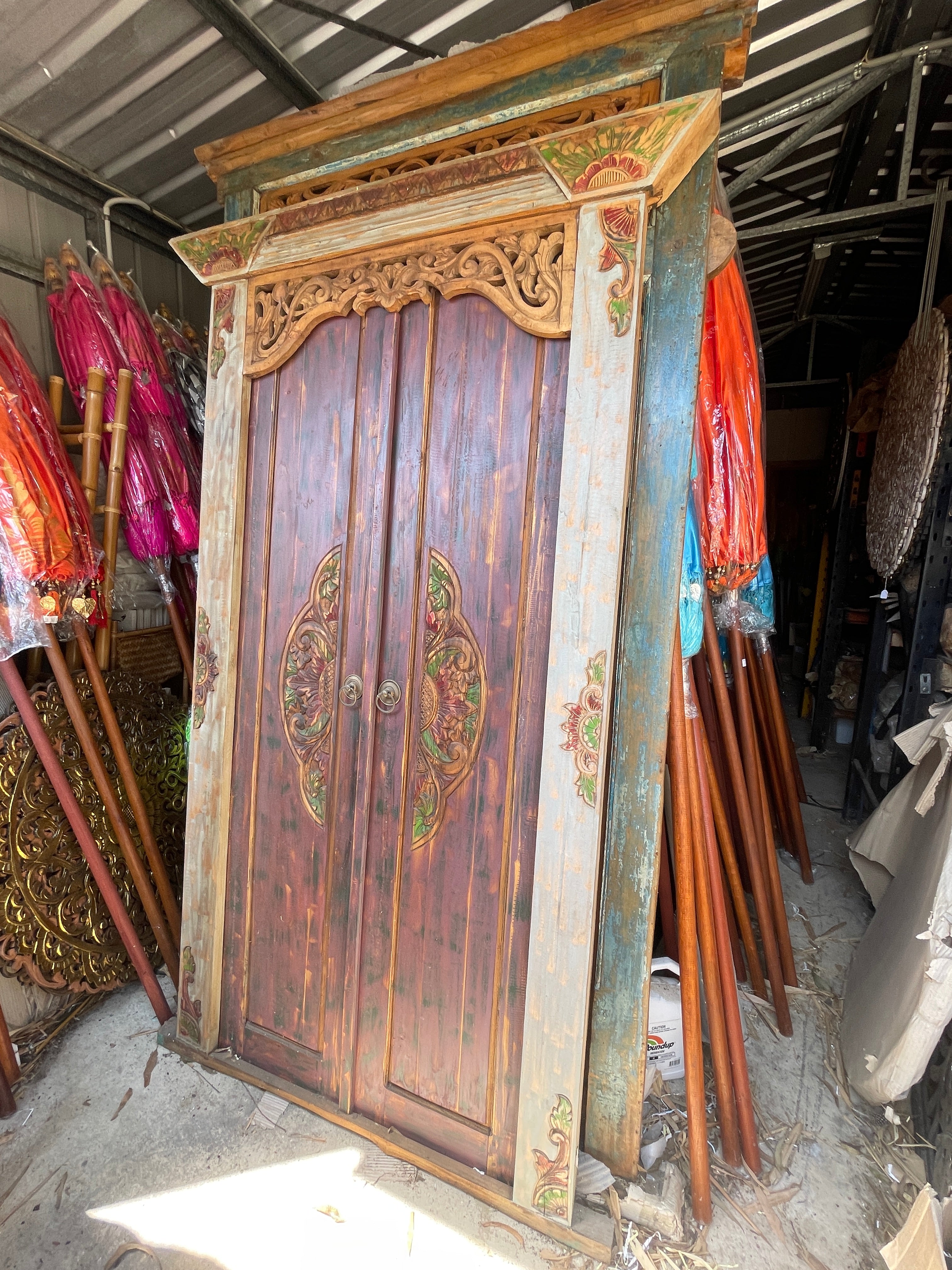 Authentic Balinese Teak Doors in Frame - Hand Carved Recycled Teak Bali Doors