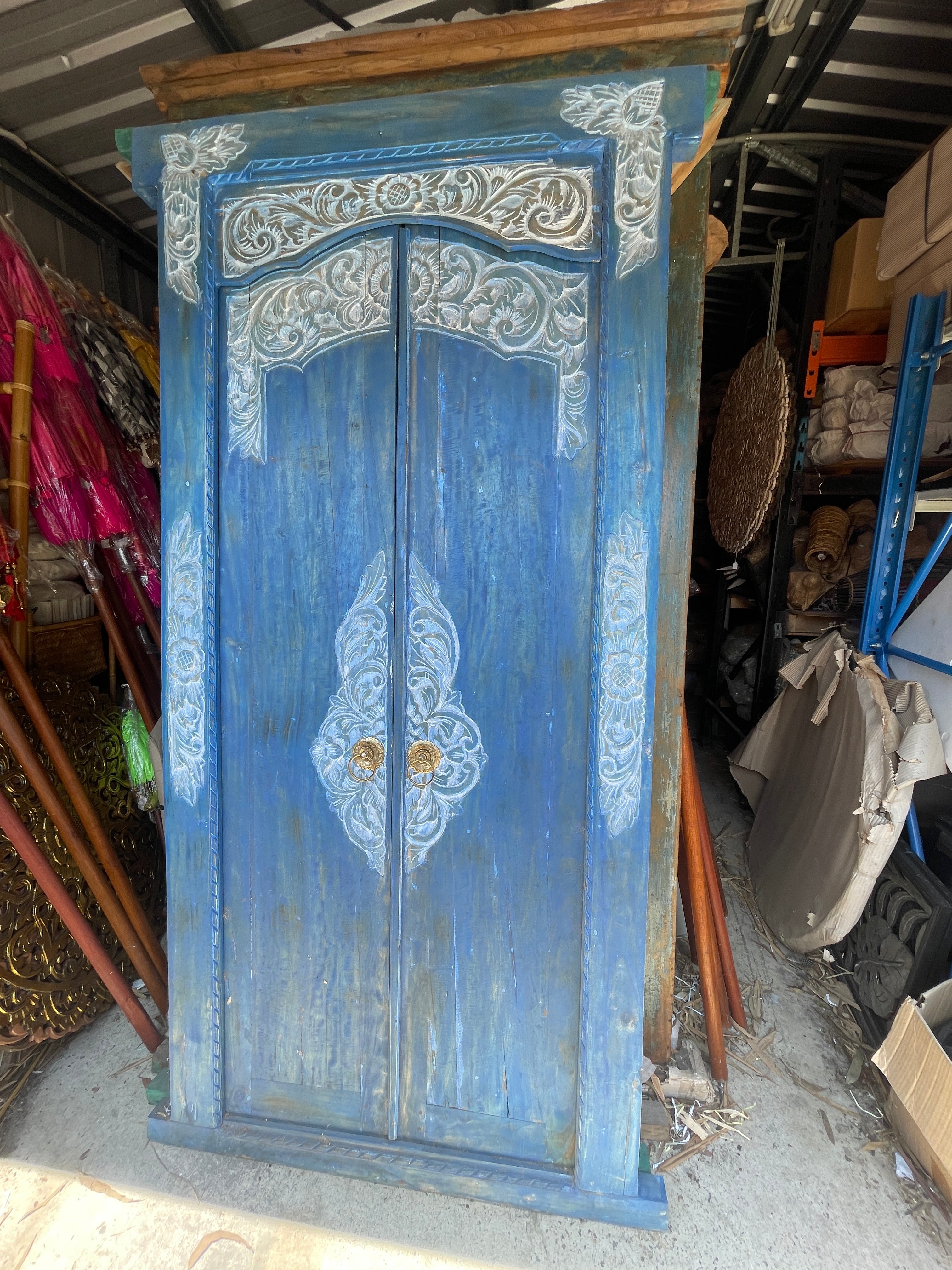 Authentic Balinese Teak Doors in Frame - Hand Carved Recycled Teak Bali Doors