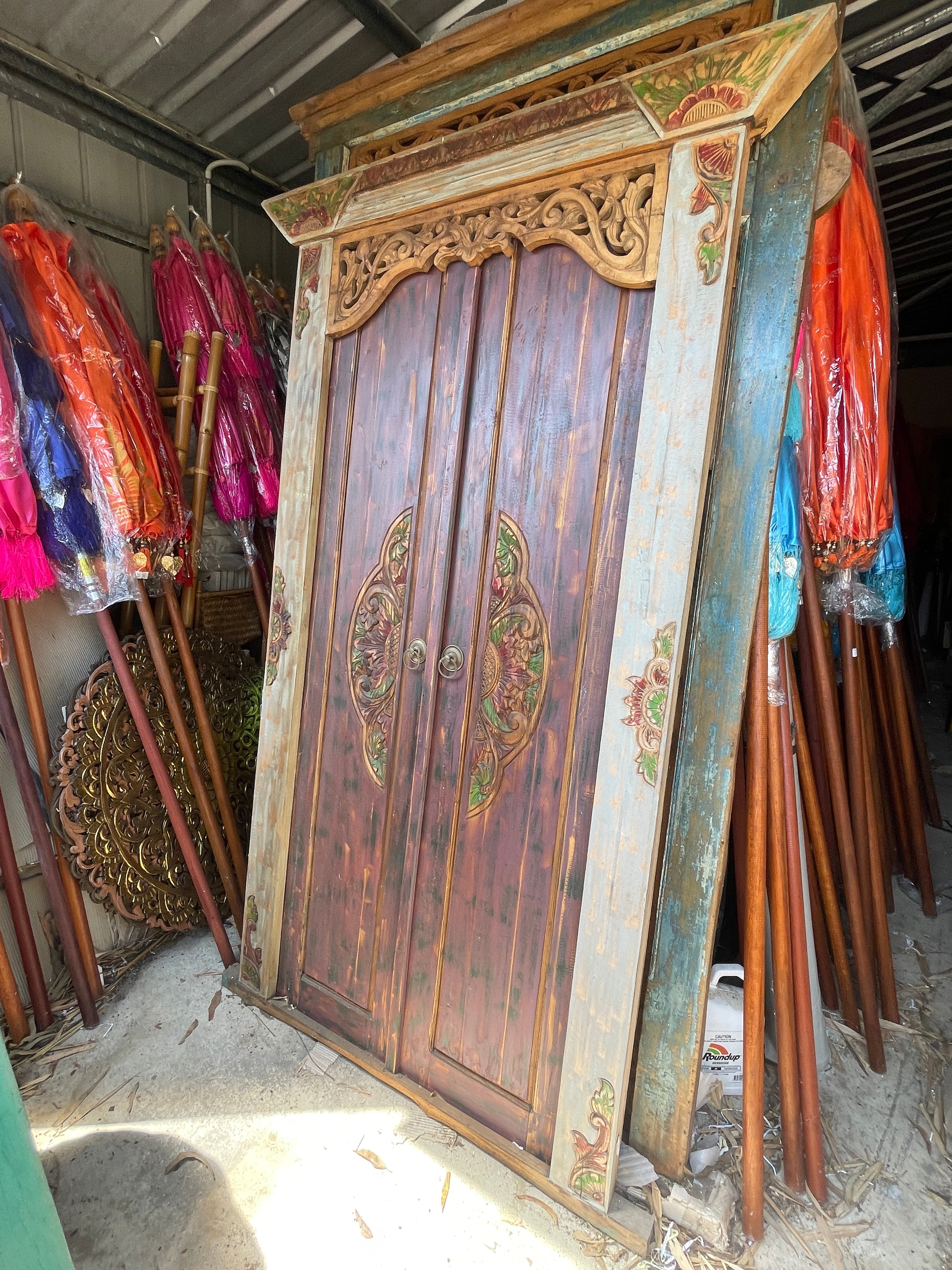 Authentic Balinese Teak Doors in Frame - Hand Carved Recycled Teak Bali Doors