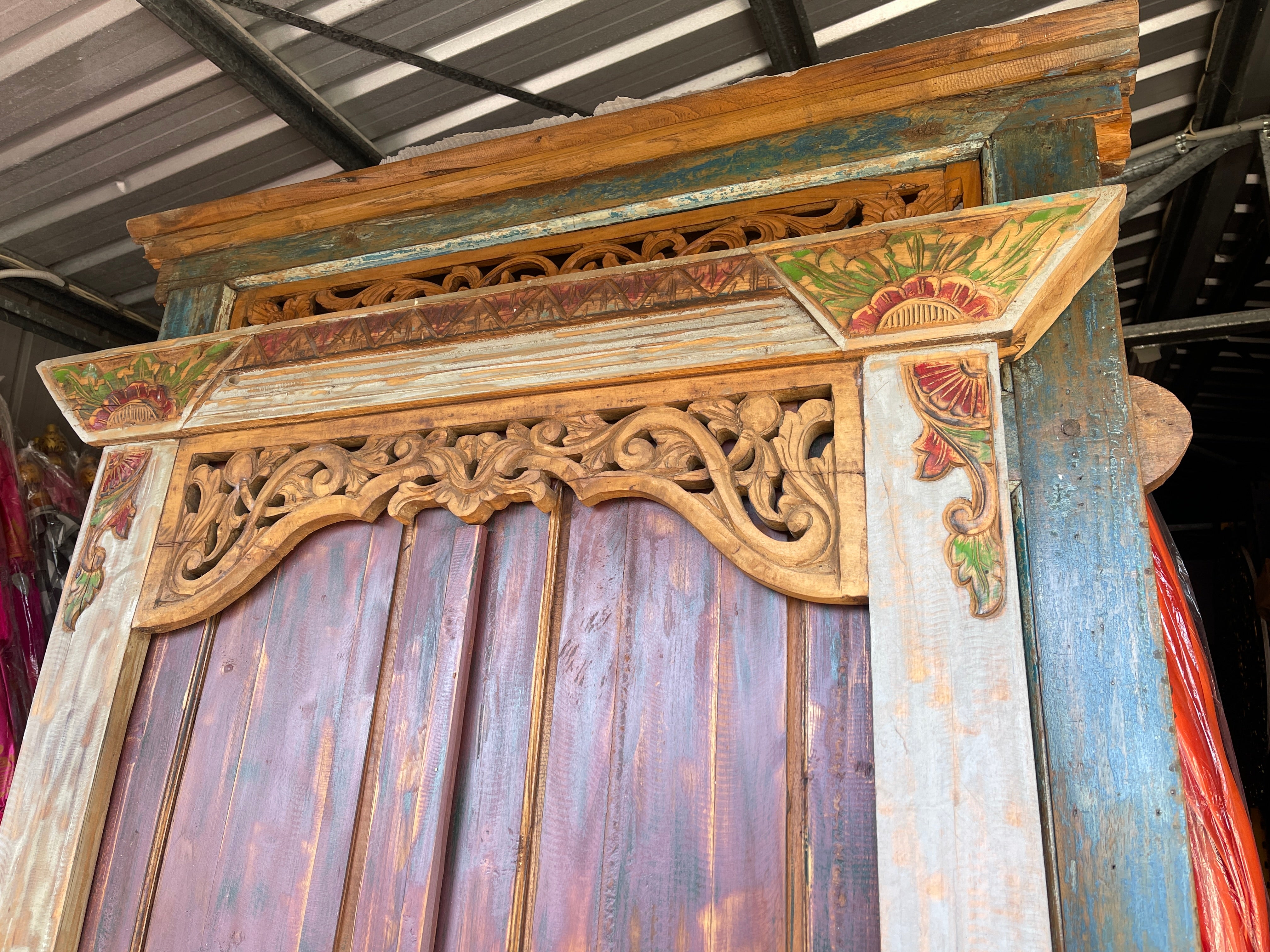 Authentic Balinese Teak Doors in Frame - Hand Carved Recycled Teak Bali Doors