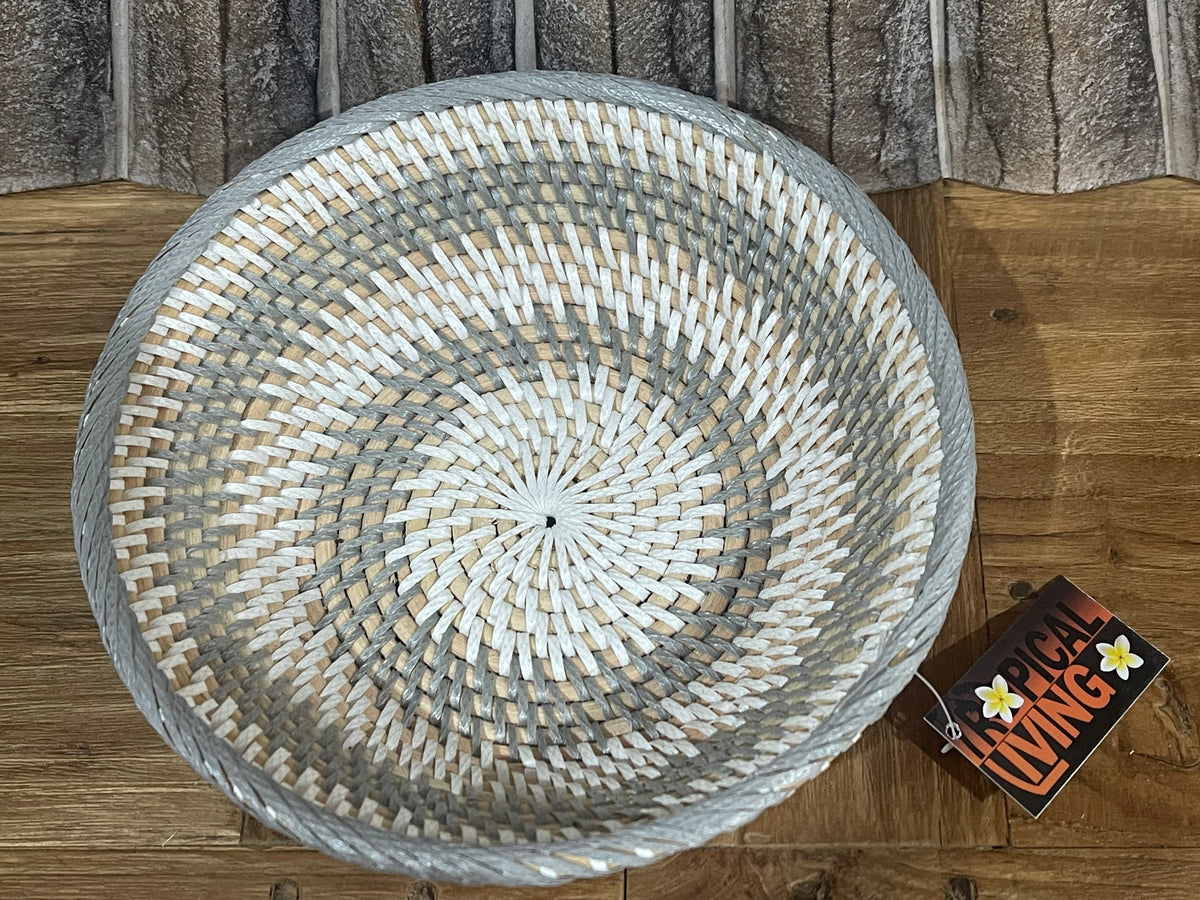 New Balinese Hand Woven RATTAN OPEN BASKET - Bali Basket - Medium Grey/White