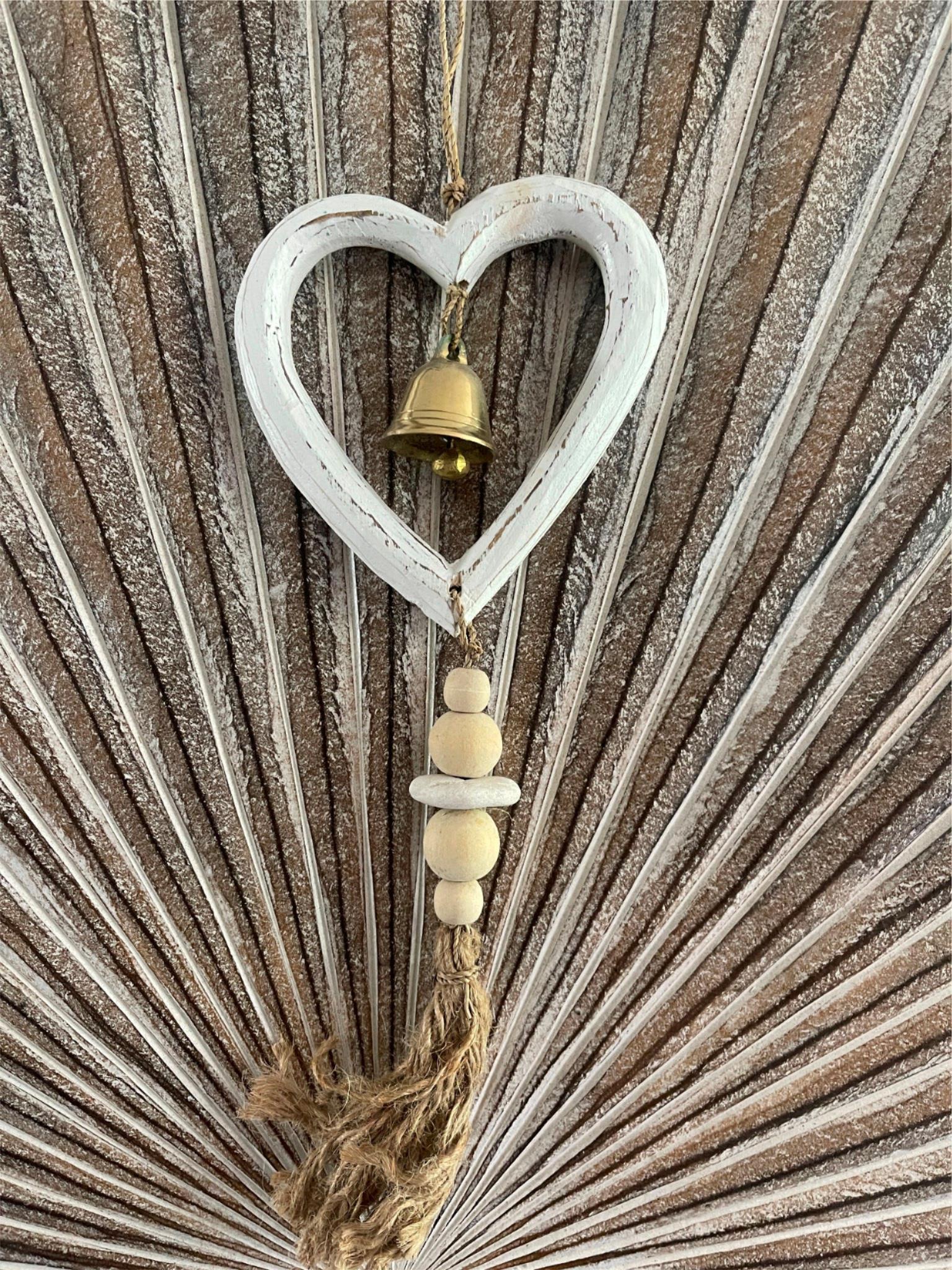 Balinese Hand Crafted Wood Heart Hanger / Mobile - Love Heart Hanging w/Bell