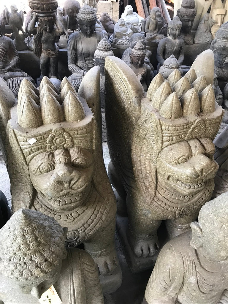 Master Carved Set 2 Greenstone Bali Lion Statues - GREAT FENG SHUI