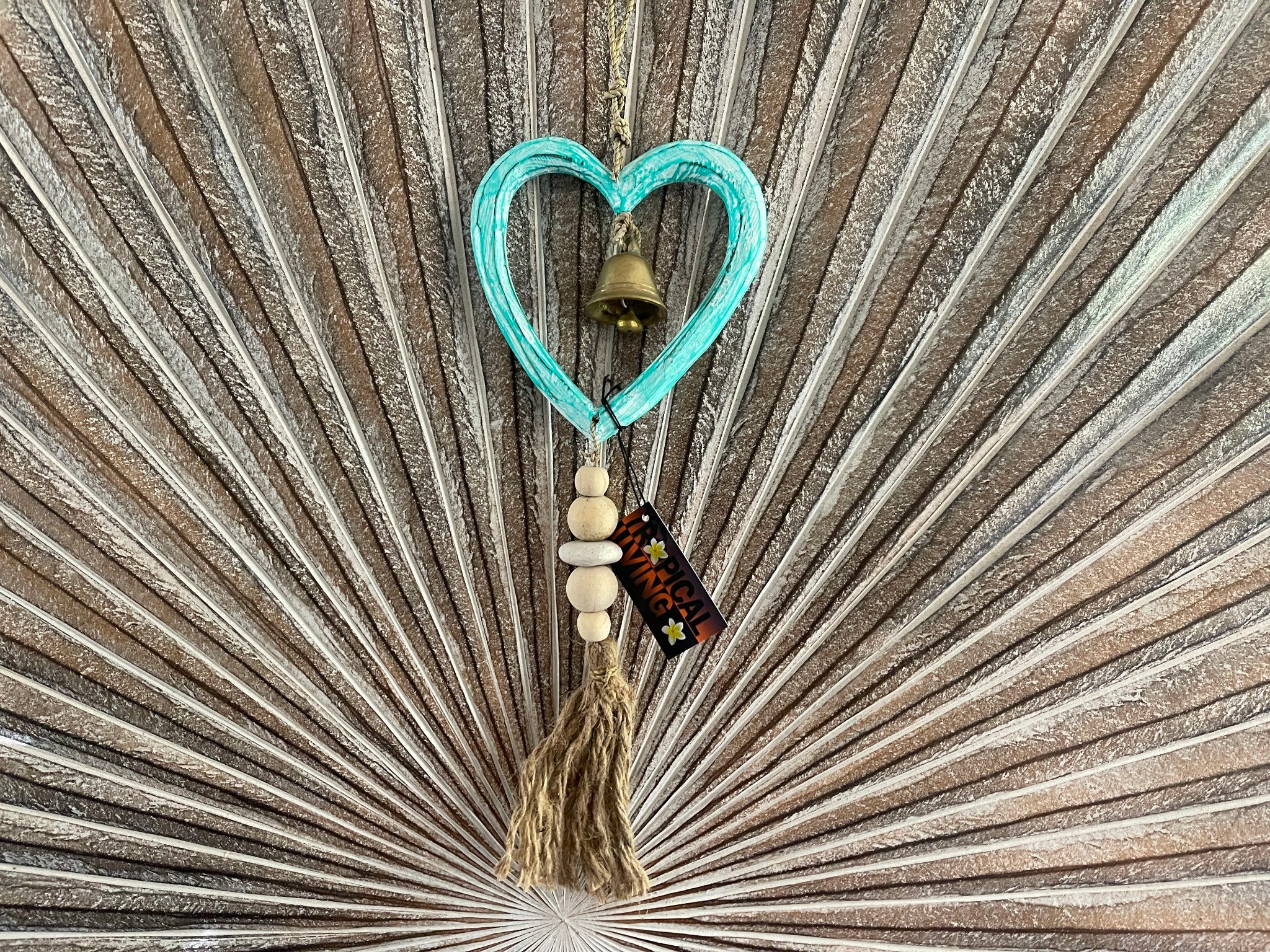 Balinese Hand Crafted Wood Heart Hanger / Mobile - Love Heart Hanging w/Bell