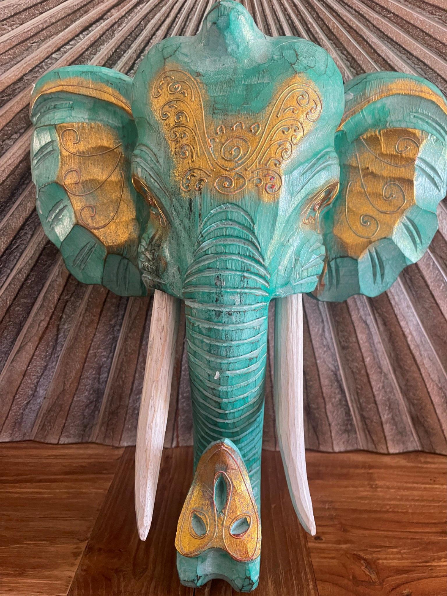 NEW Balinese Hand Carved Wooden Elephant Head Wall Art - Bali Elephant Art