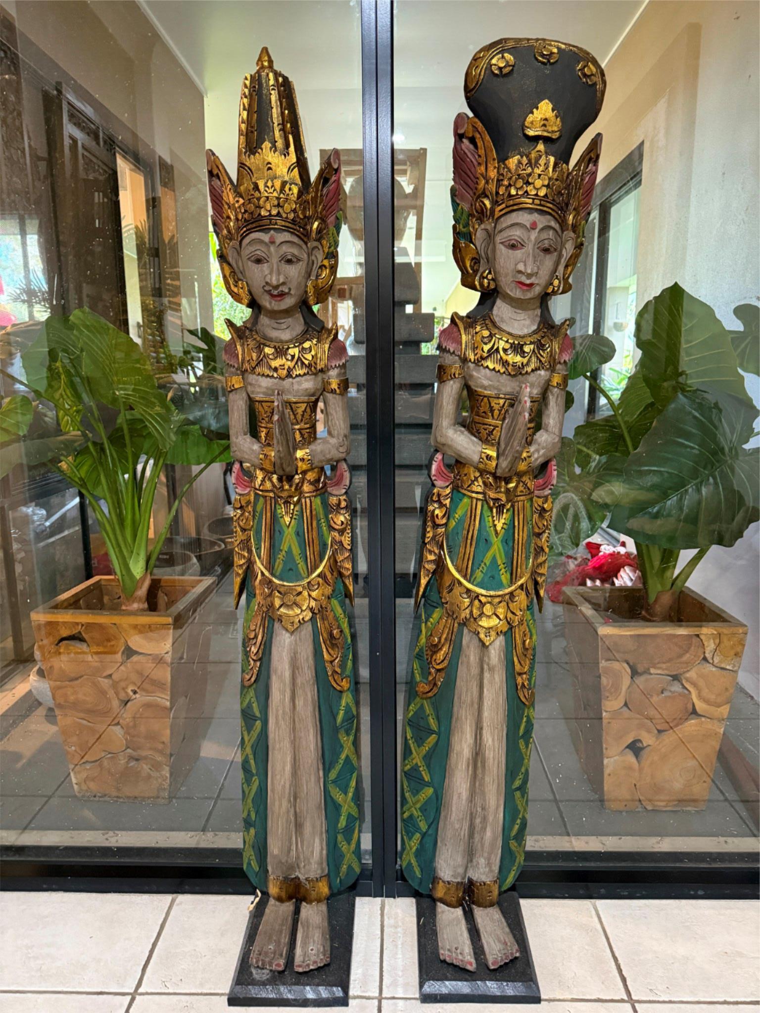 NEW Balinese Hand Carved Wood Rama & Shinta Sculptures 1.5m Tall - Set of 2