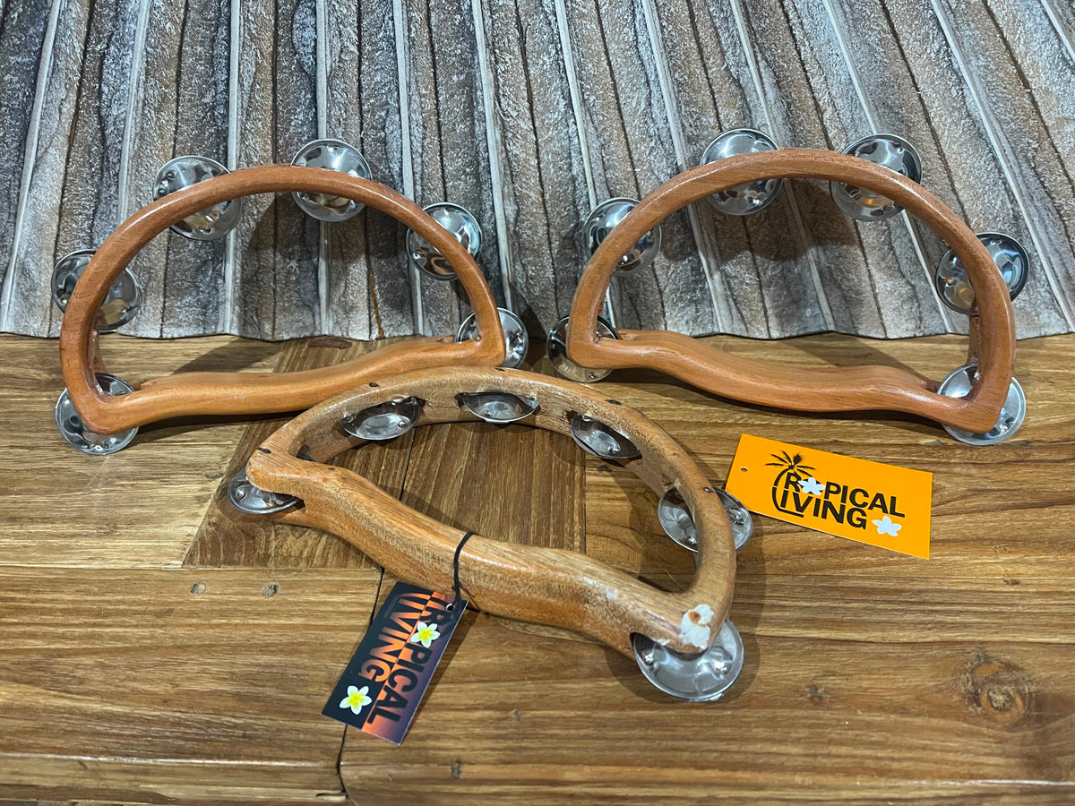 New Bali Wooden Tambourine - Hand Crafted Bali 6 Jingle Tambourine Percussion