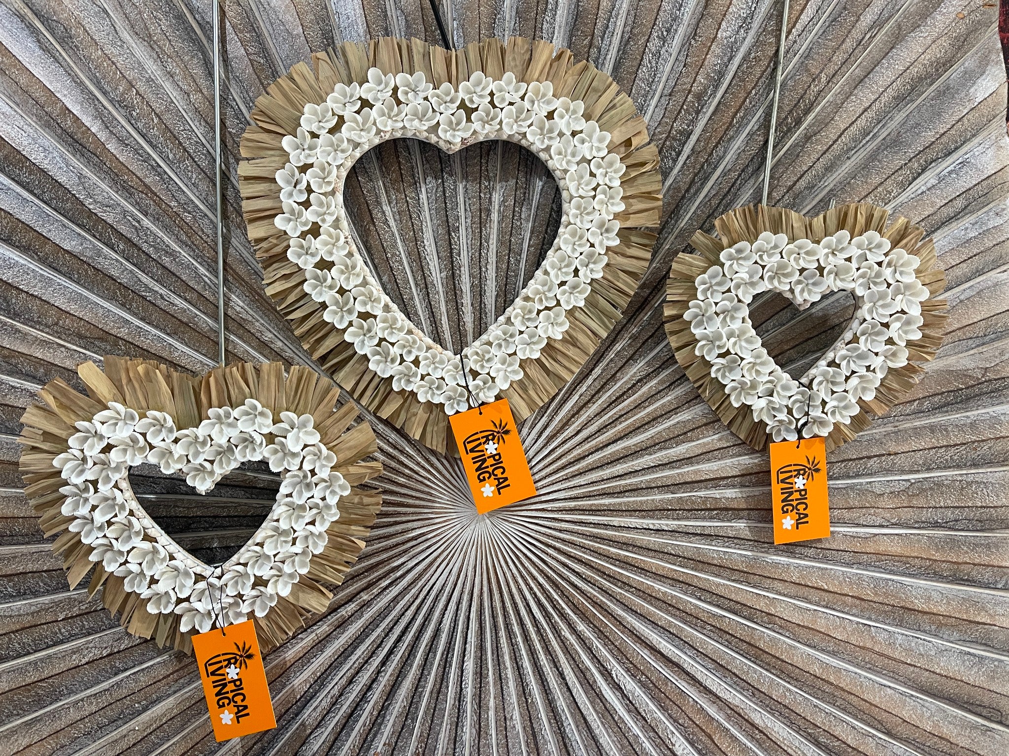 Balinese Shell Heart Hanger - Bali BOHO Style Shell & Seagrass Trim Wall Art M