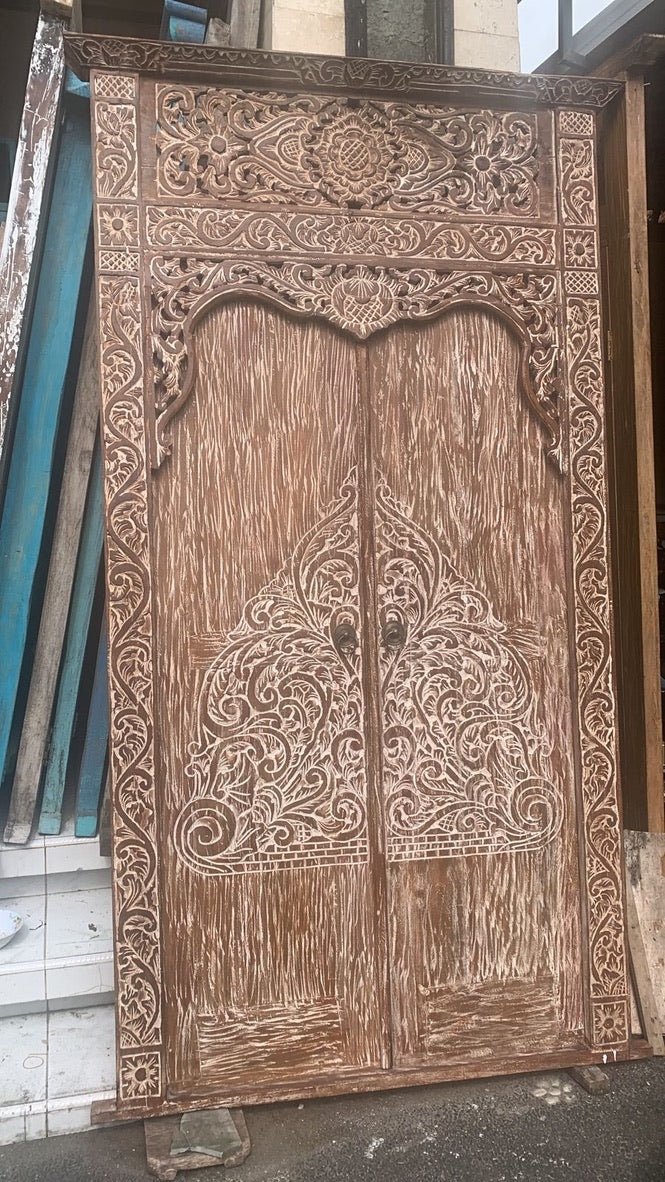 Authentic Balinese Teak Doors in Frame - Hand Carved Recycled Teak Bali Doors