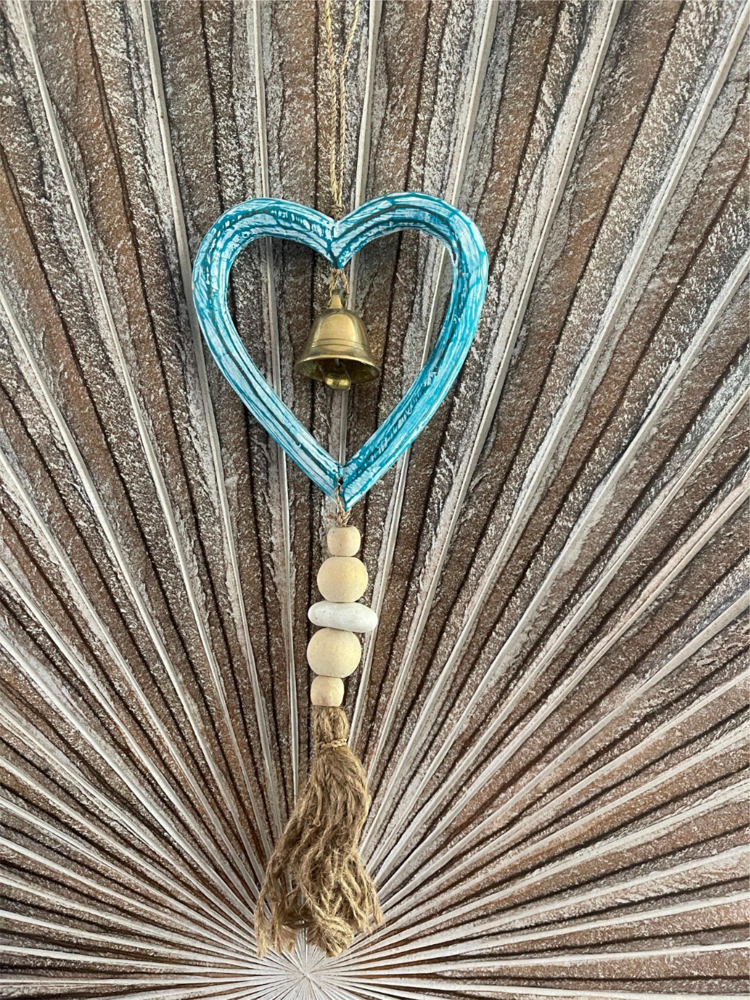 Balinese Hand Crafted Wood Heart Hanger / Mobile - Love Heart Hanging w/Bell