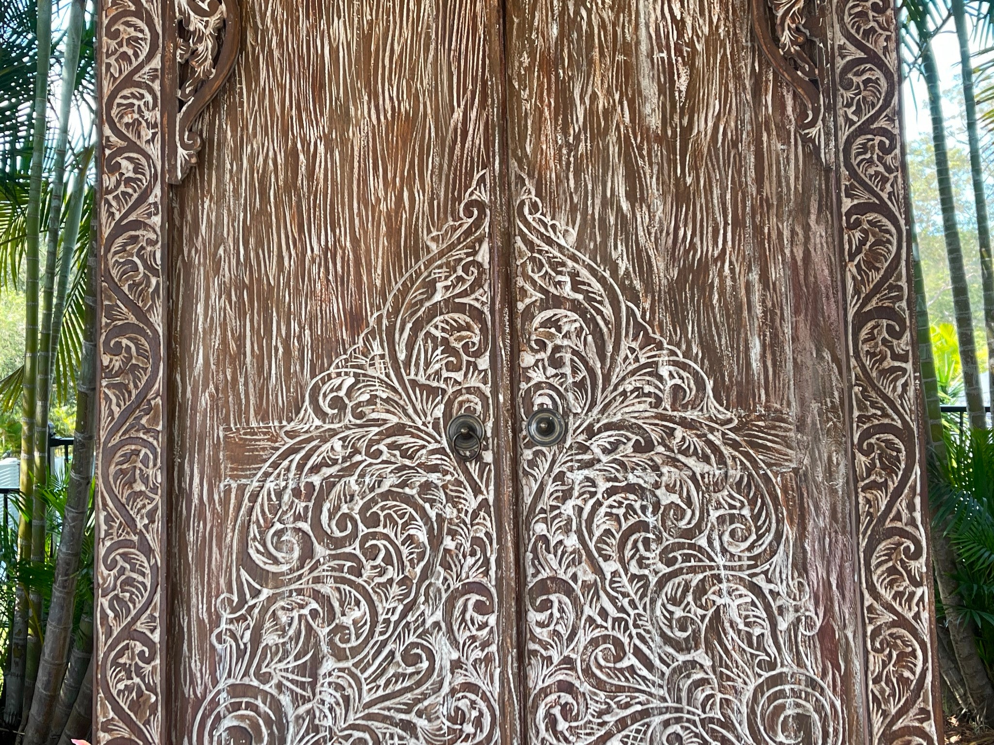 Authentic Balinese Teak Doors in Frame - Hand Carved Recycled Teak Bali Doors