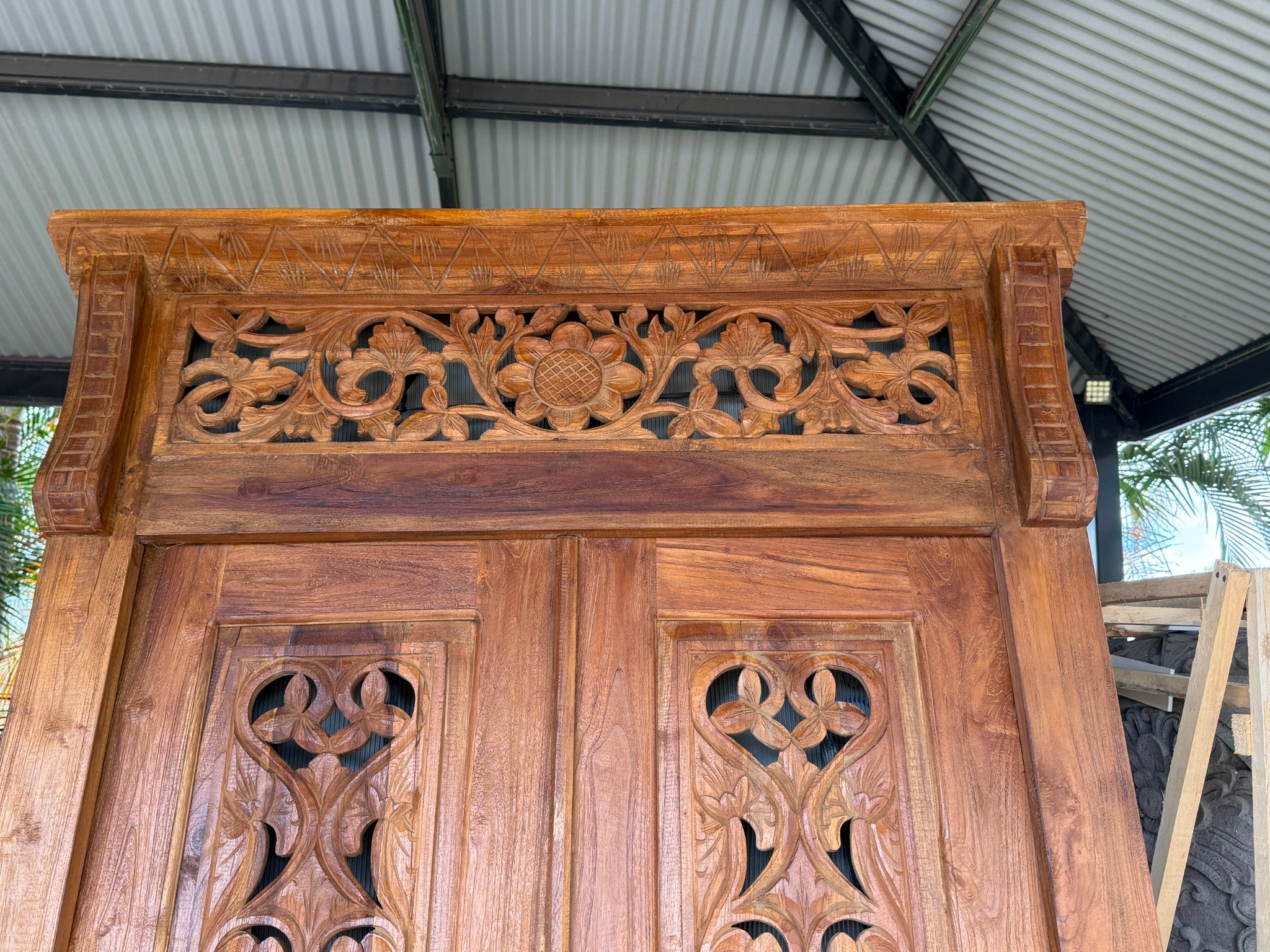 Authentic Balinese Teak Doors in Frame - Hand Carved Recycled Teak Bali Doors