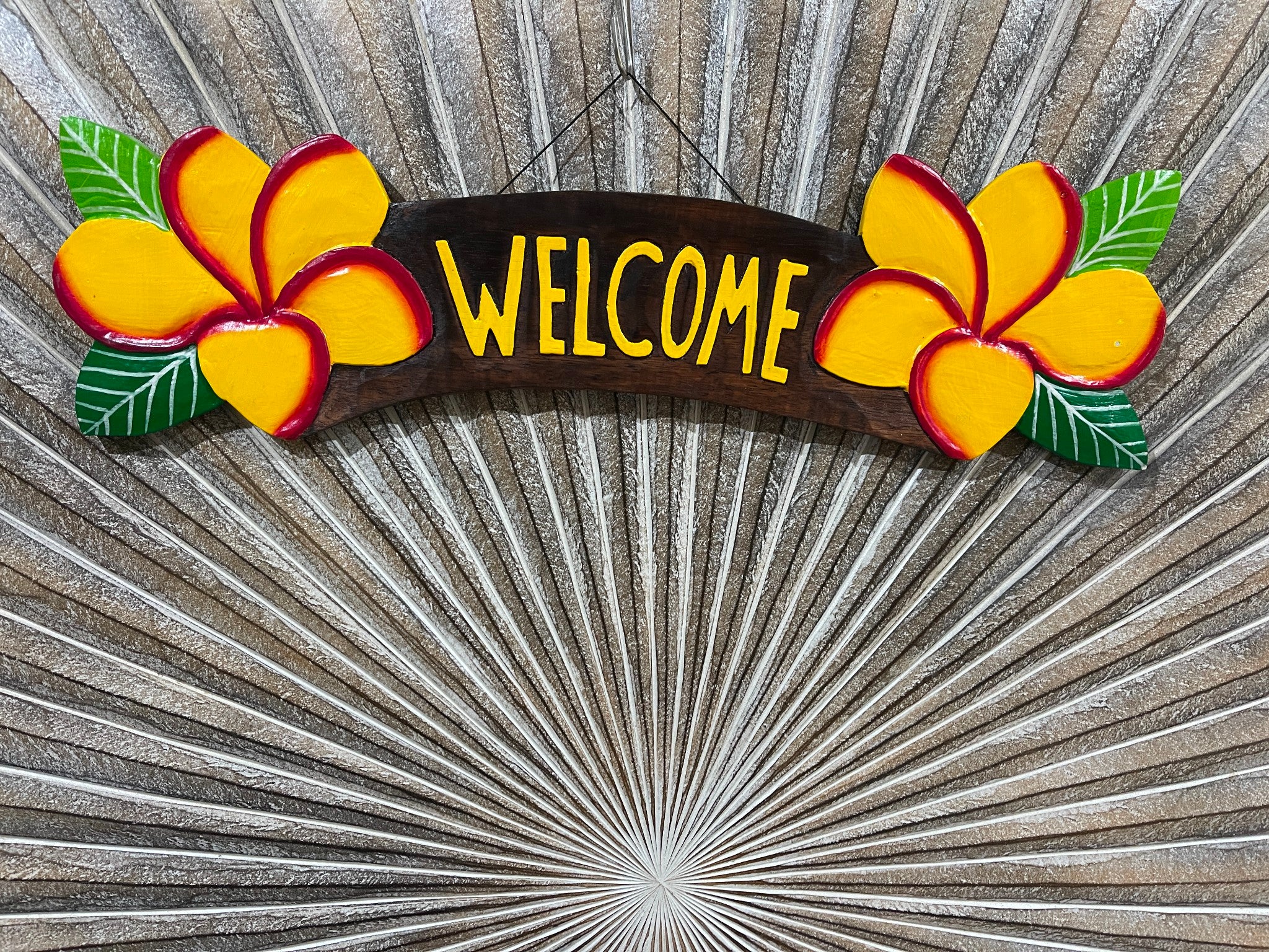 NEW Balinese Timber Hand Crafted Frangipani WELCOME Sign - Bali Welcome Sign