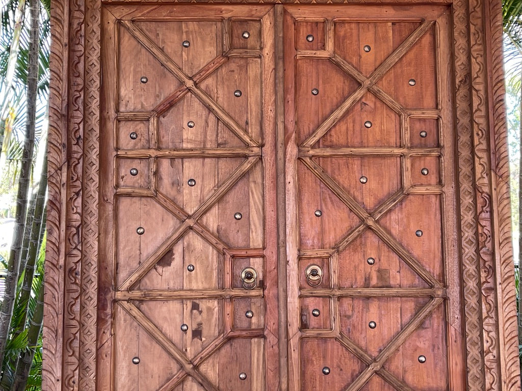 Authentic Balinese Teak Doors in Frame - Hand Carved Recycled Teak Bali Doors