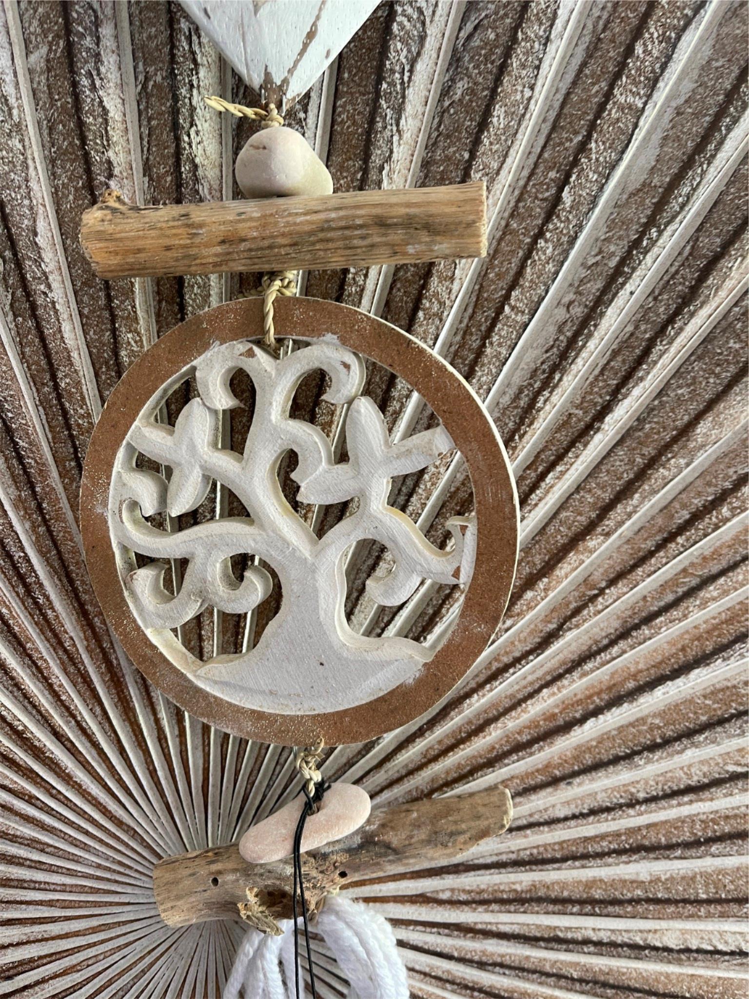 NEW Balinese Hand Crafted Wood Heart + Tree of Life Hanger / Mobile w/Tassel