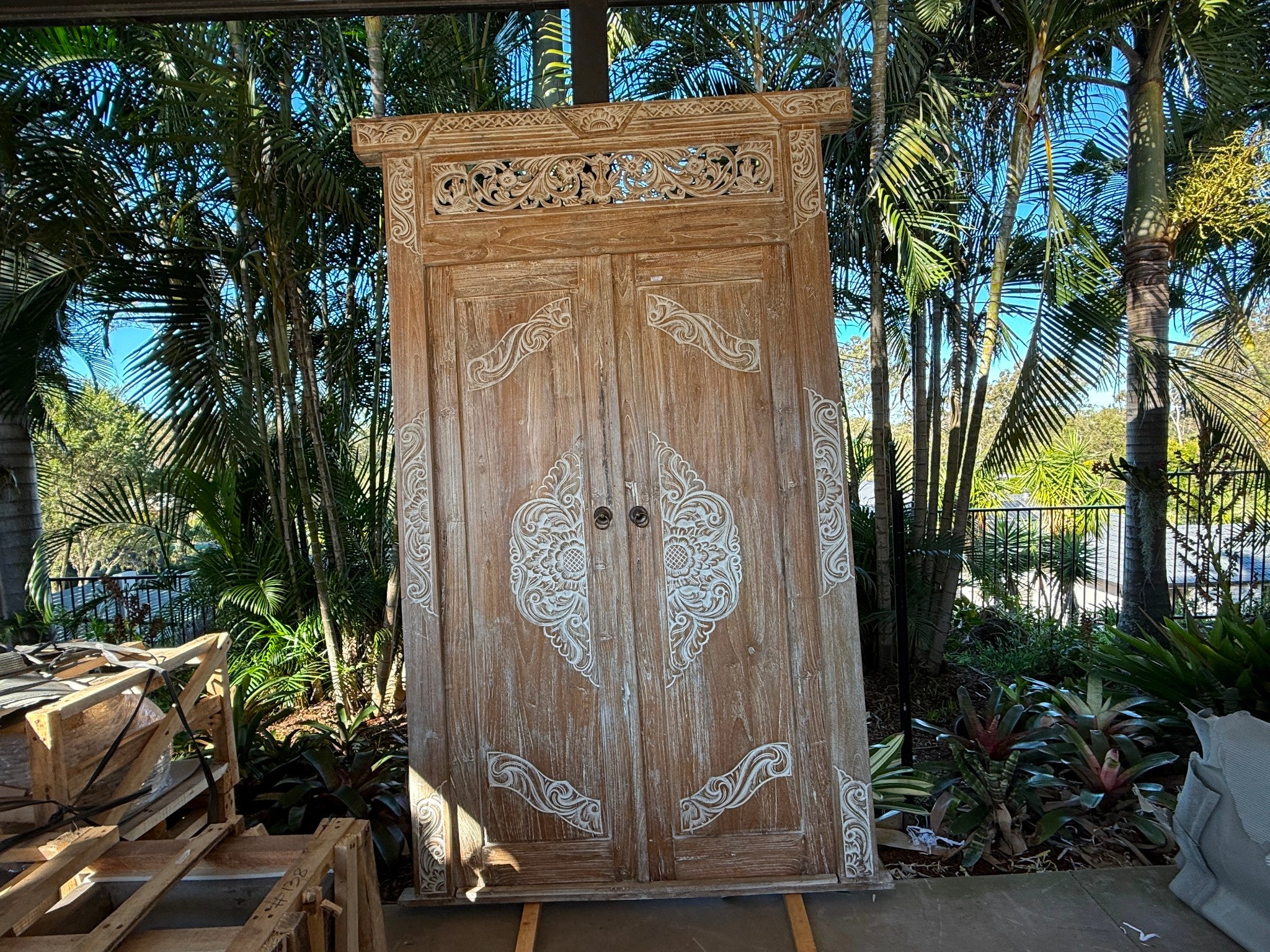 Authentic Balinese Teak Doors in Frame - Hand Carved Recycled Teak Bali Doors