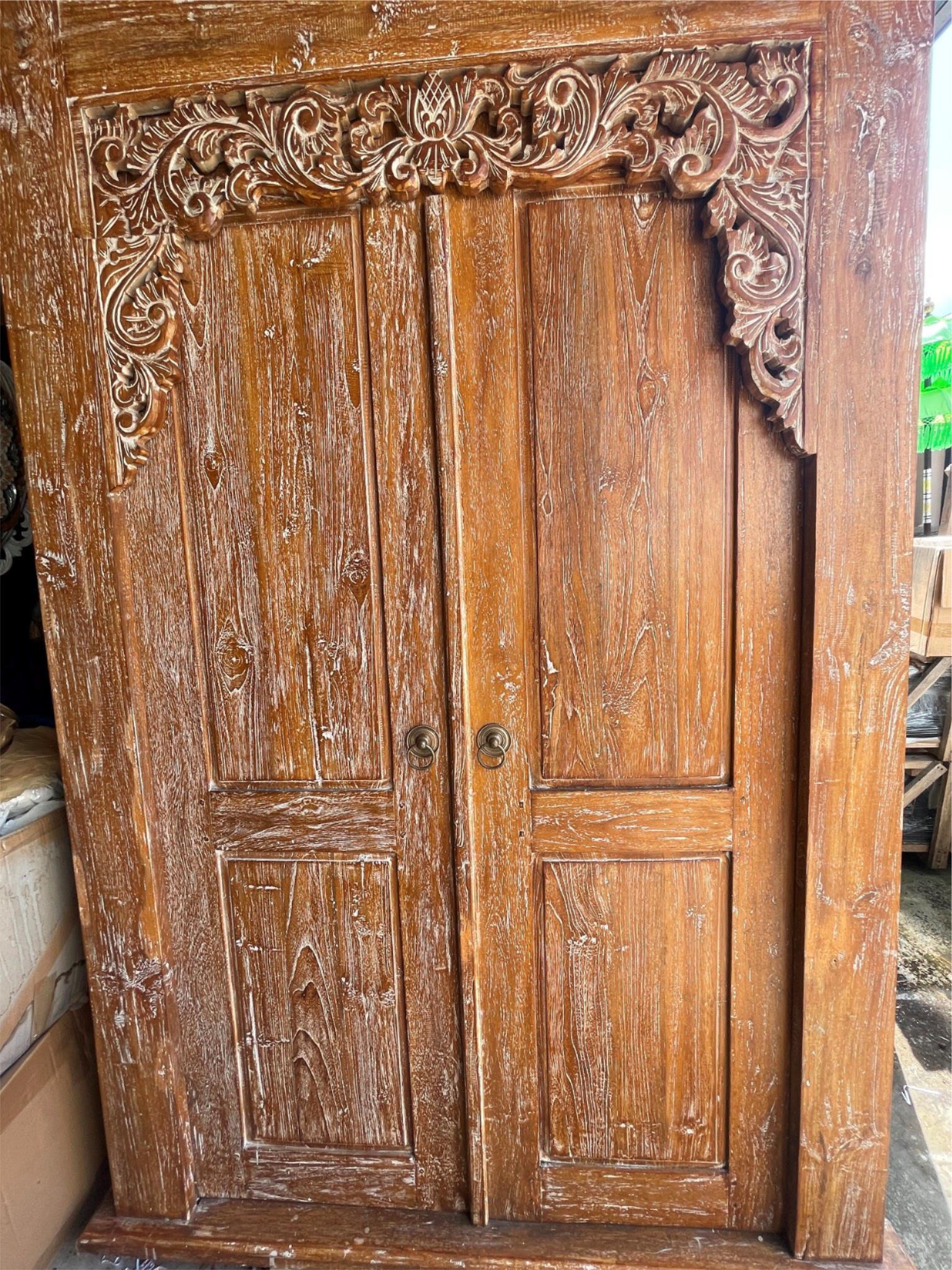 Authentic Balinese Teak Doors in Frame - Hand Carved Recycled Teak Bali Doors